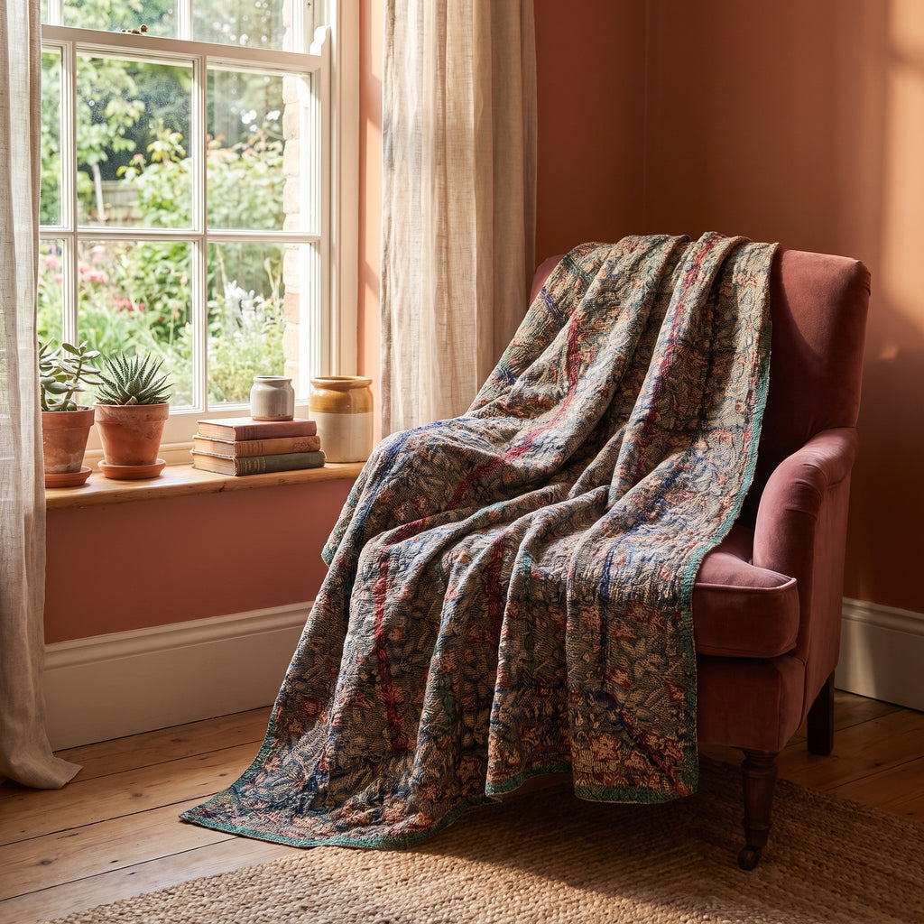 Goldenrod Bagru Kantha Throw — front draped over a chair in a cosy reading nook