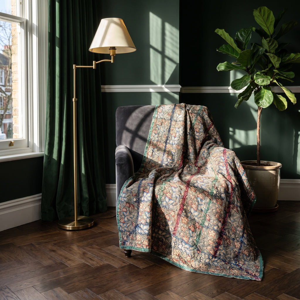 Goldenrod Vintage Bagru Kantha Throw — front side, Victorian heritage interior styling