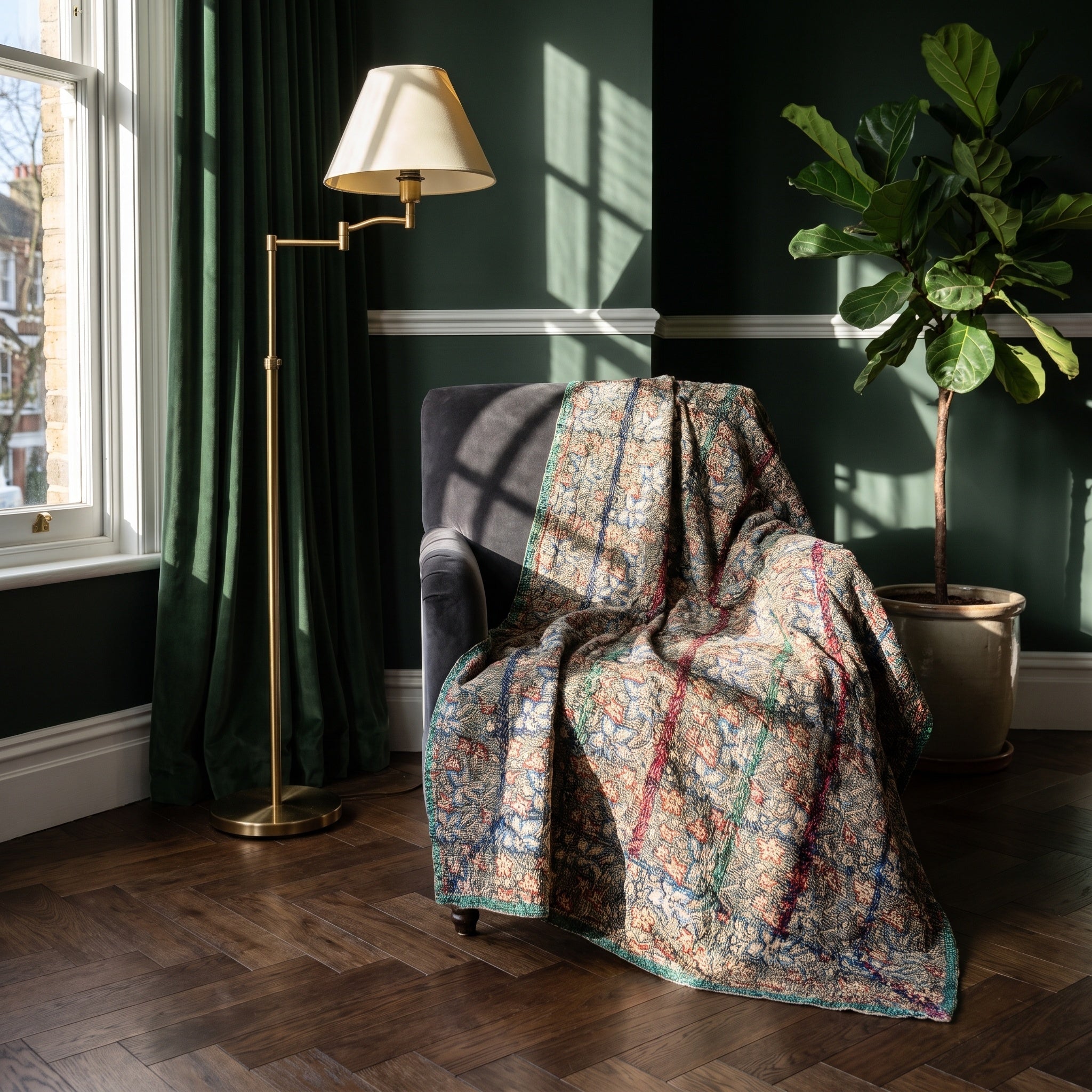 Goldenrod Vintage Bagru Kantha Throw — front side, Victorian heritage interior styling