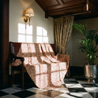 Goldenrod Bagru Block Print Kantha Throw — reverse side styled in a home entryway