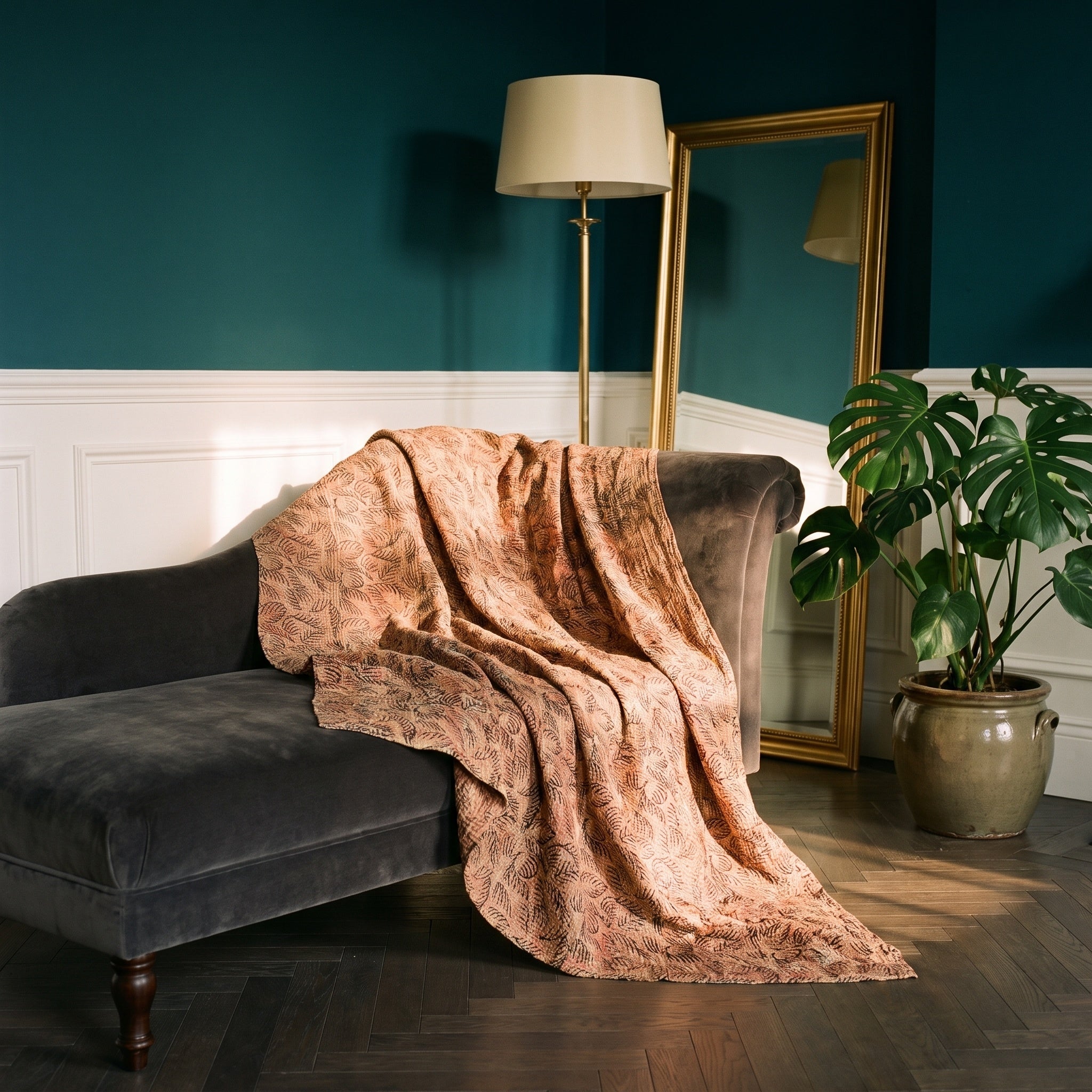 Goldenrod Vintage Bagru Kantha Throw — reverse side styled in a jewel-toned living room
