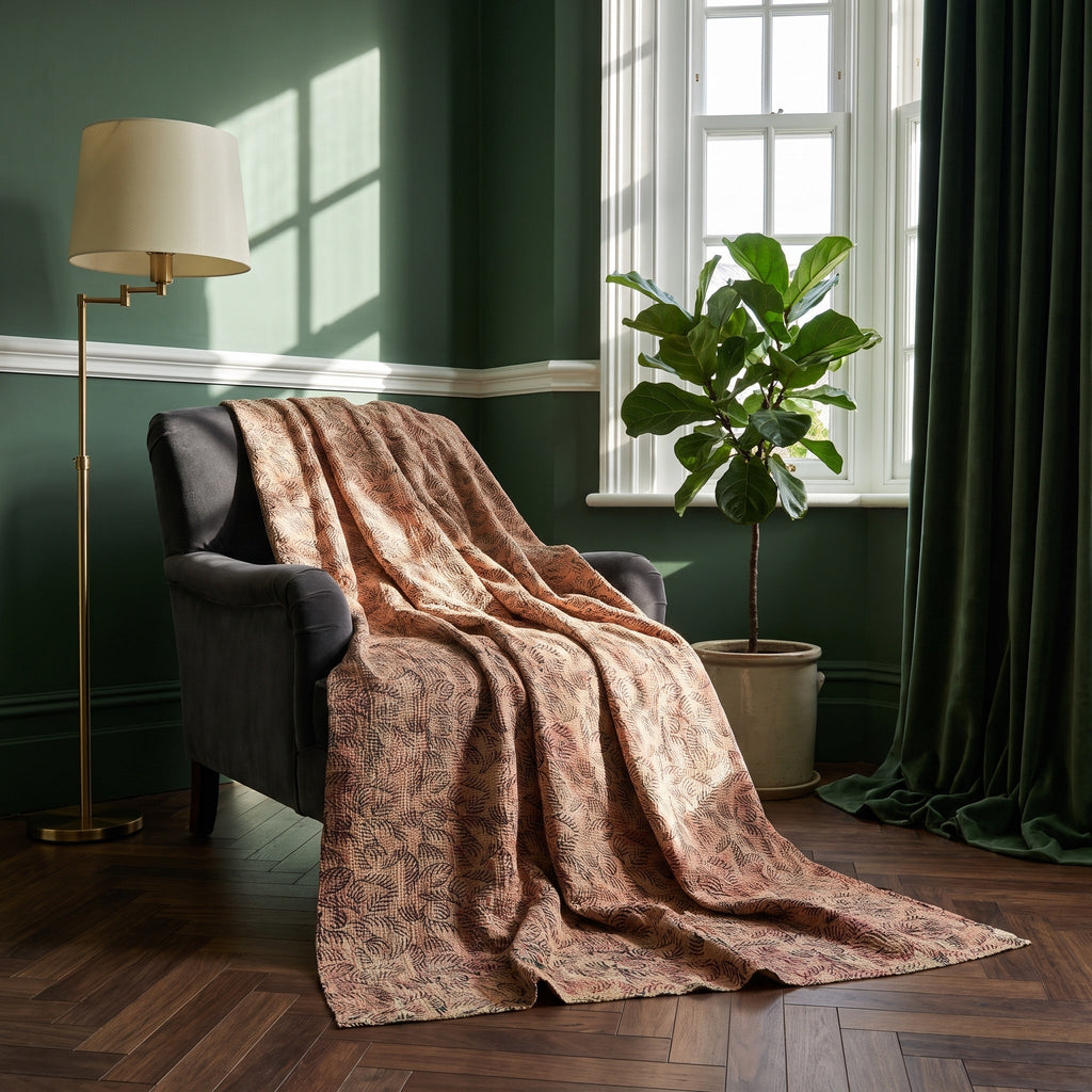 Goldenrod Vintage Bagru Kantha Throw — reverse side, Victorian heritage interior styling