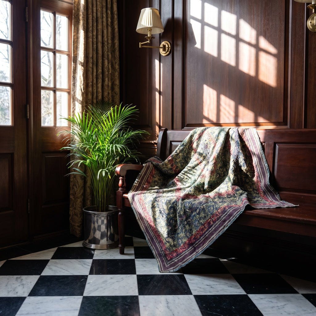 Bunchberry Bagru Block Print Kantha Throw — front side styled in a home entryway