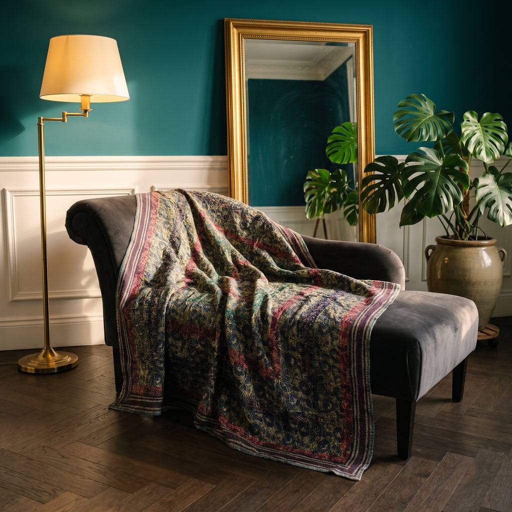 Bunchberry Vintage Bagru Block Print Kantha Throw — front side styled in a jewel-toned living room