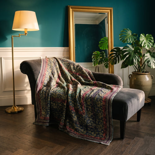 Bunchberry Vintage Bagru Block Print Kantha Throw — front side styled in a jewel-toned living room