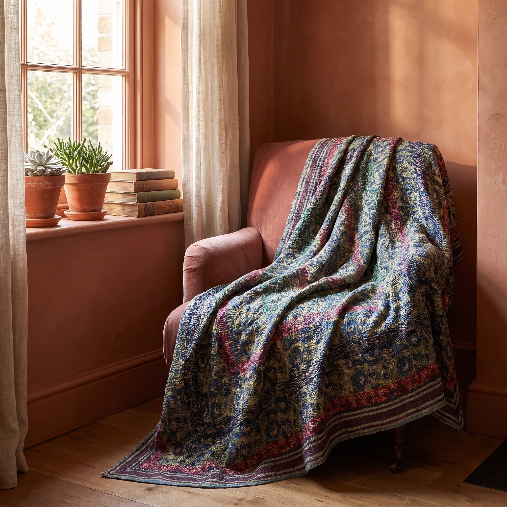Bunchberry Bagru Kantha Throw — front draped over a chair in a cosy reading nook