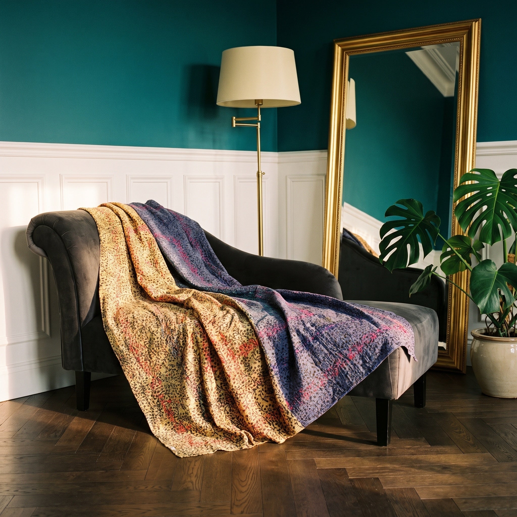 Bunchberry Vintage Bagru Kantha Throw — reverse side styled in a jewel-toned living room