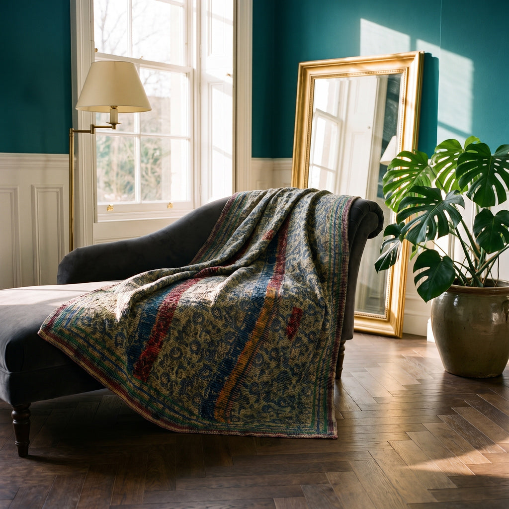 Sweetgrass Vintage Bagru Block Print Kantha Throw — front side styled in a jewel-toned living room