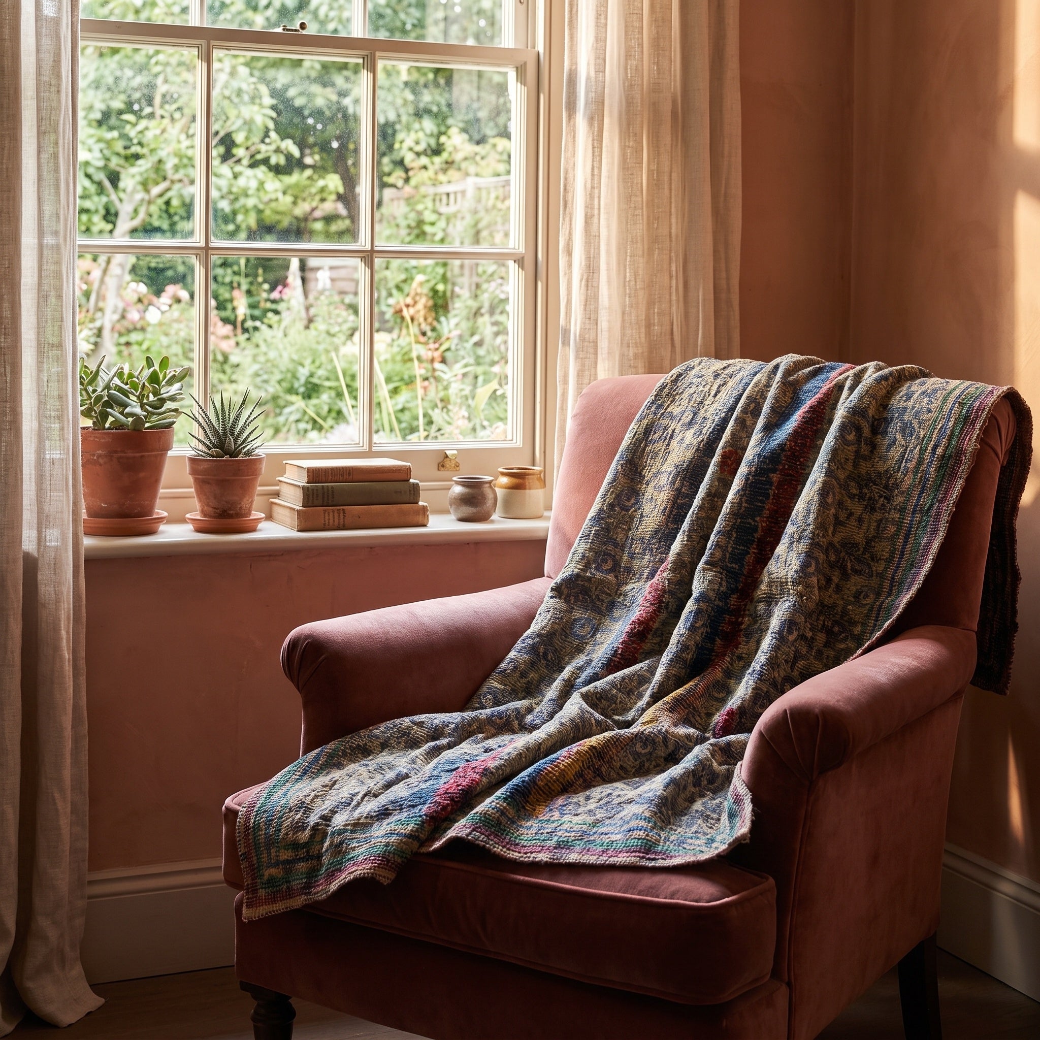 Sweetgrass Bagru Kantha Throw — front draped over a chair in a cosy reading nook