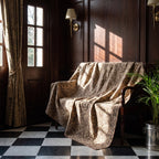 Sweetgrass Bagru Block Print Kantha Throw — reverse side styled in a home entryway
