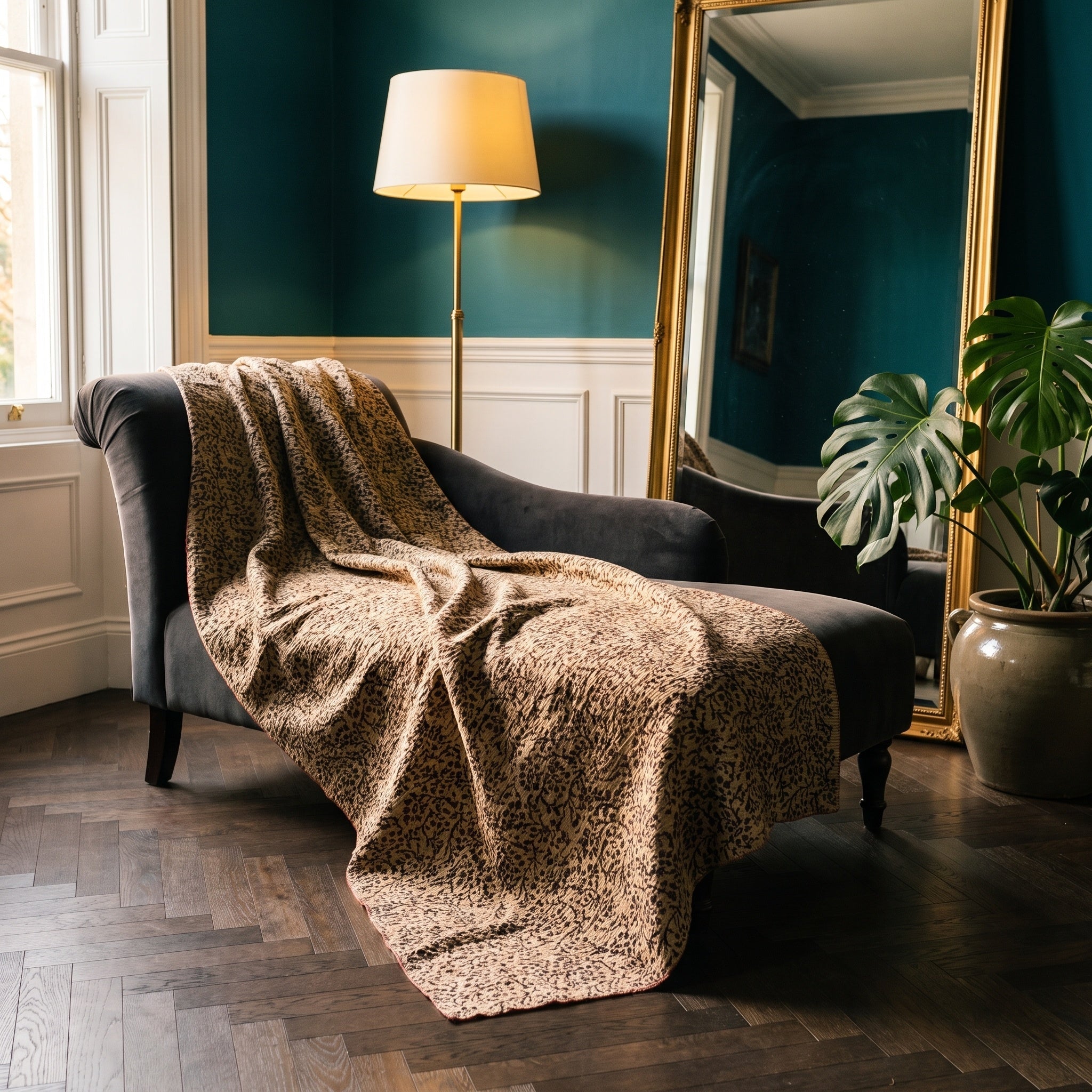 Sweetgrass Vintage Bagru Kantha Throw — reverse side styled in a jewel-toned living room