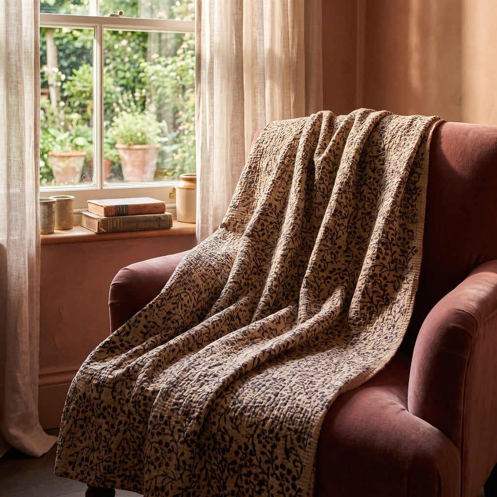 Sweetgrass Bagru Kantha Throw — reverse side draped over a chair in a reading nook