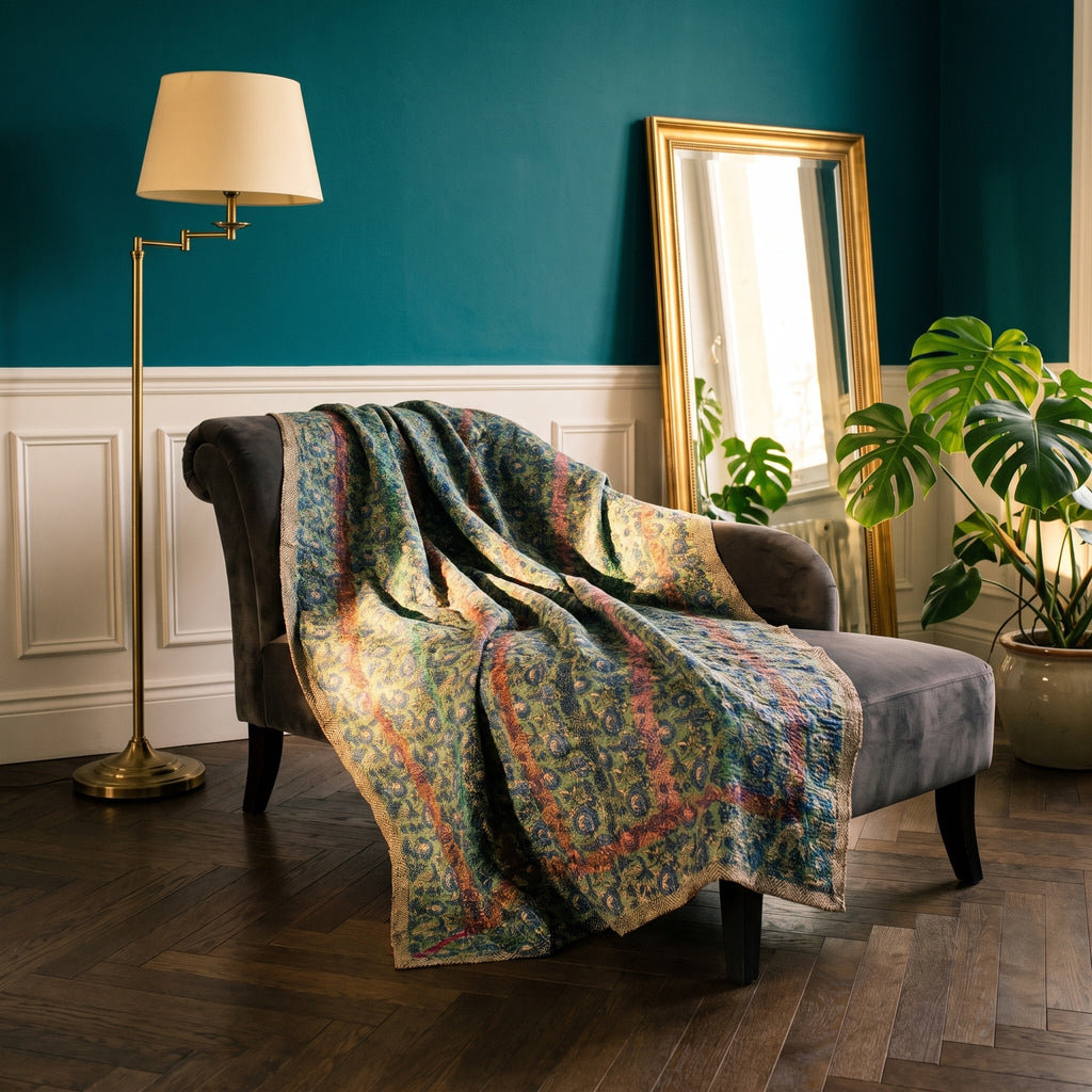 Hawthorn Vintage Bagru Block Print Kantha Throw — front side styled in a jewel-toned living room
