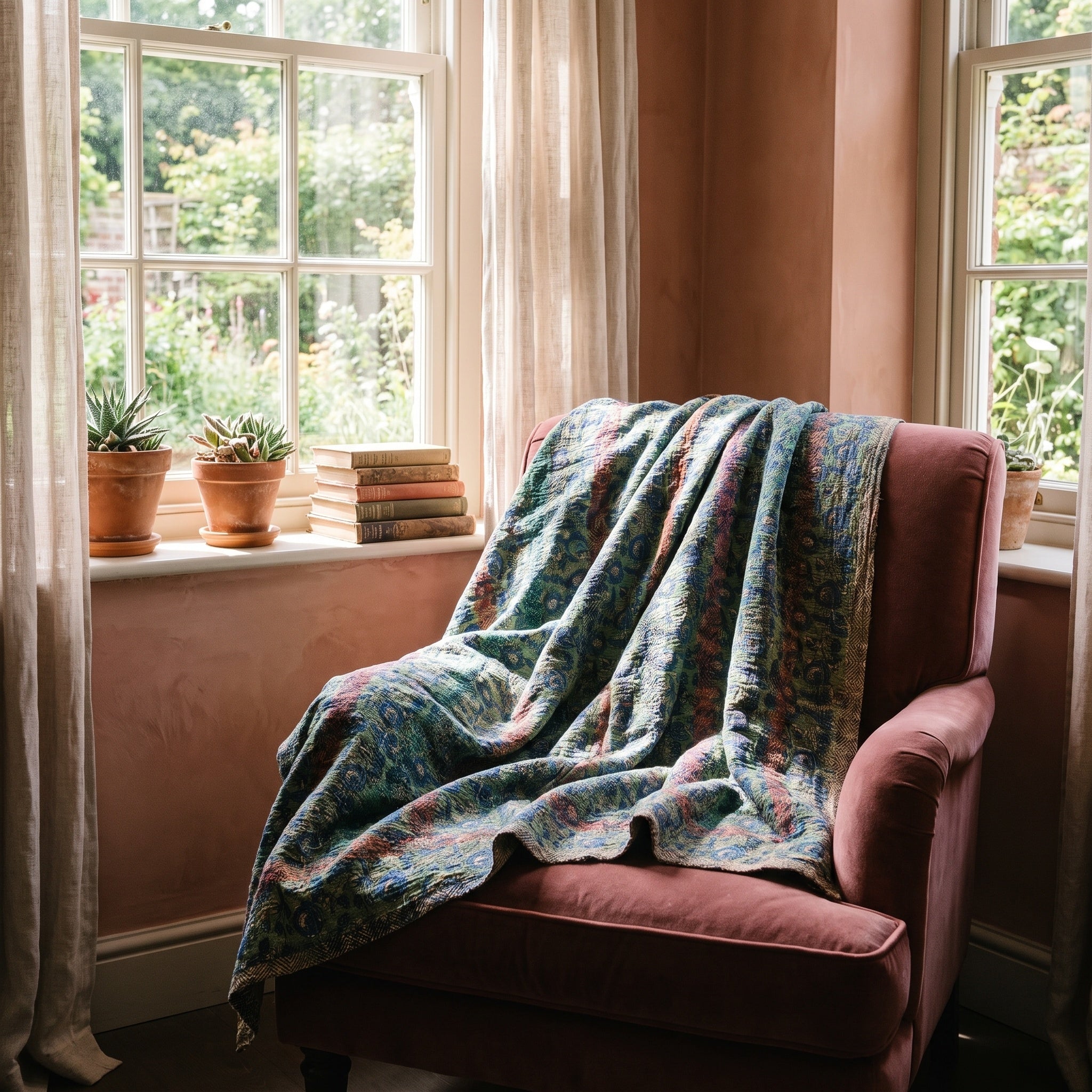 Hawthorn Bagru Kantha Throw — front draped over a chair in a cosy reading nook