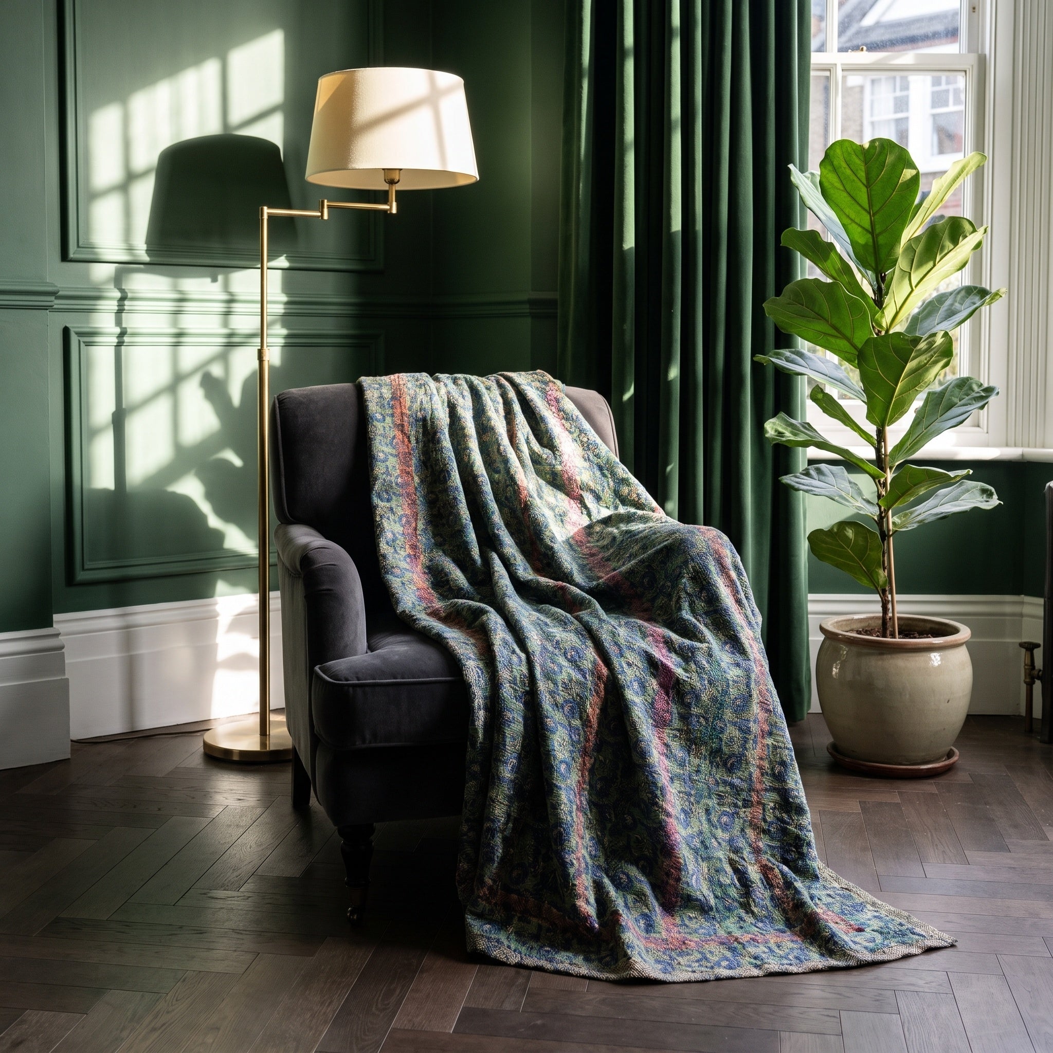 Hawthorn Vintage Bagru Kantha Throw — front side, Victorian heritage interior styling