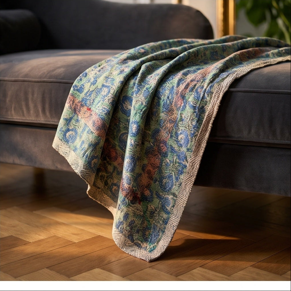 Hawthorn Vintage Handmade Bagru Block Print Kantha Throw — flat lay showing front and back