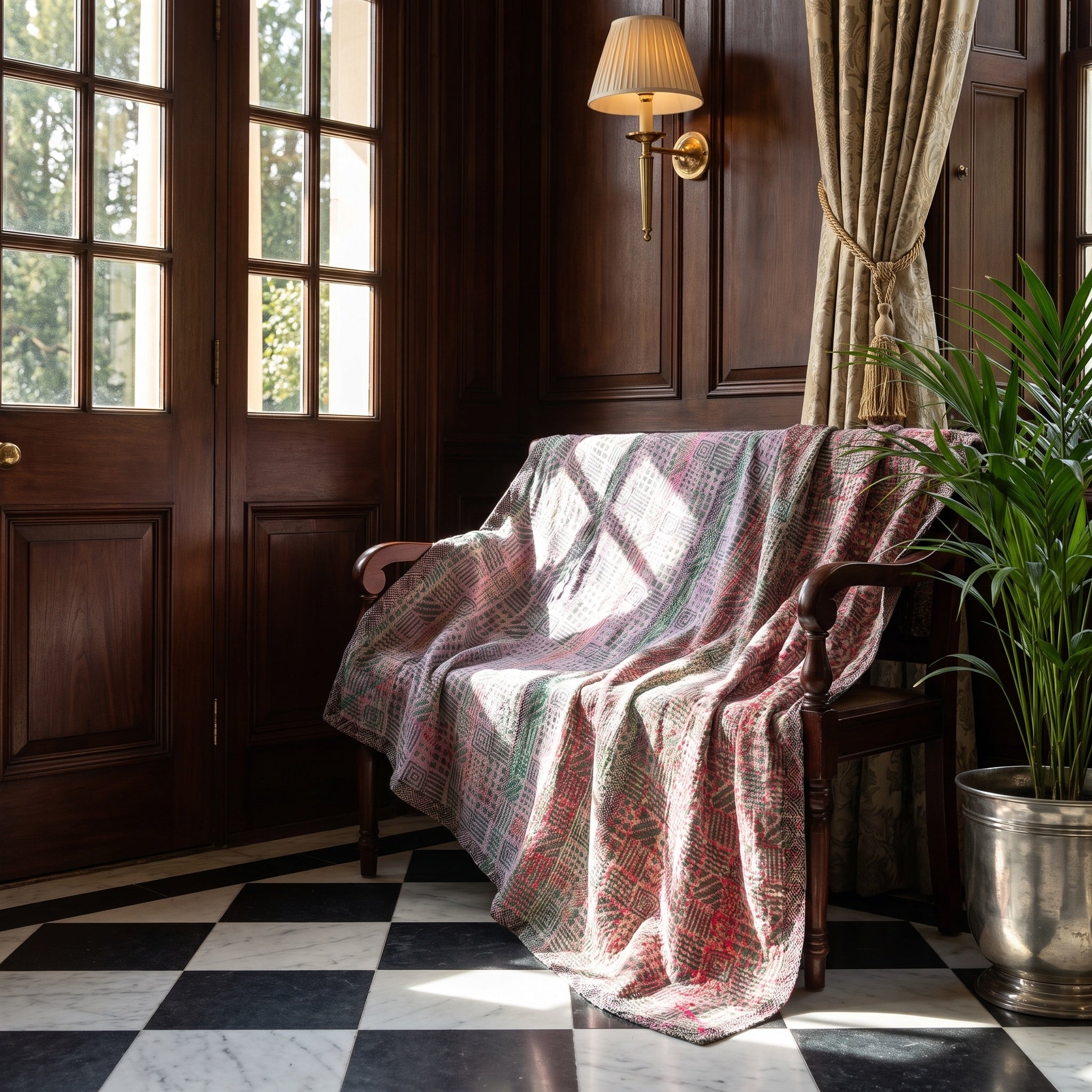 Hawthorn Bagru Block Print Kantha Throw — reverse side styled in a home entryway
