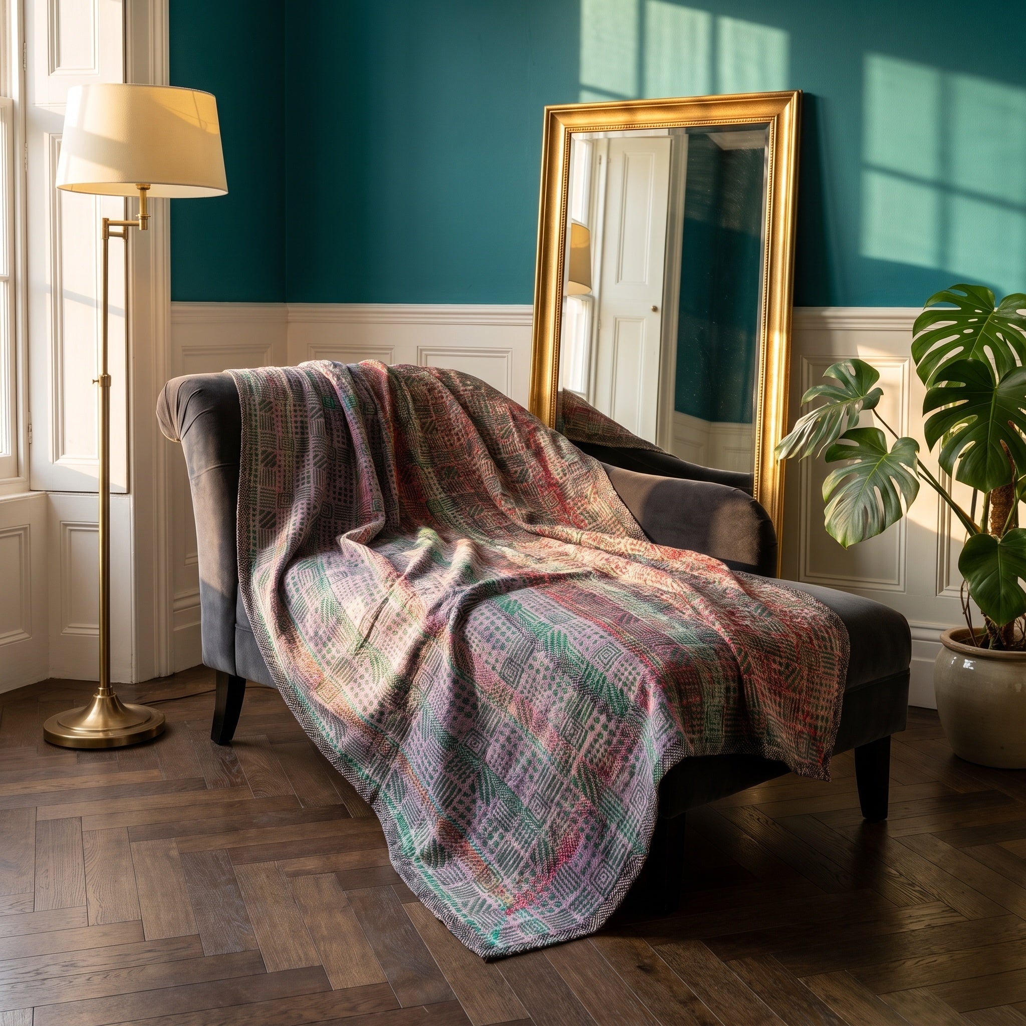 Hawthorn Vintage Bagru Kantha Throw — reverse side styled in a jewel-toned living room