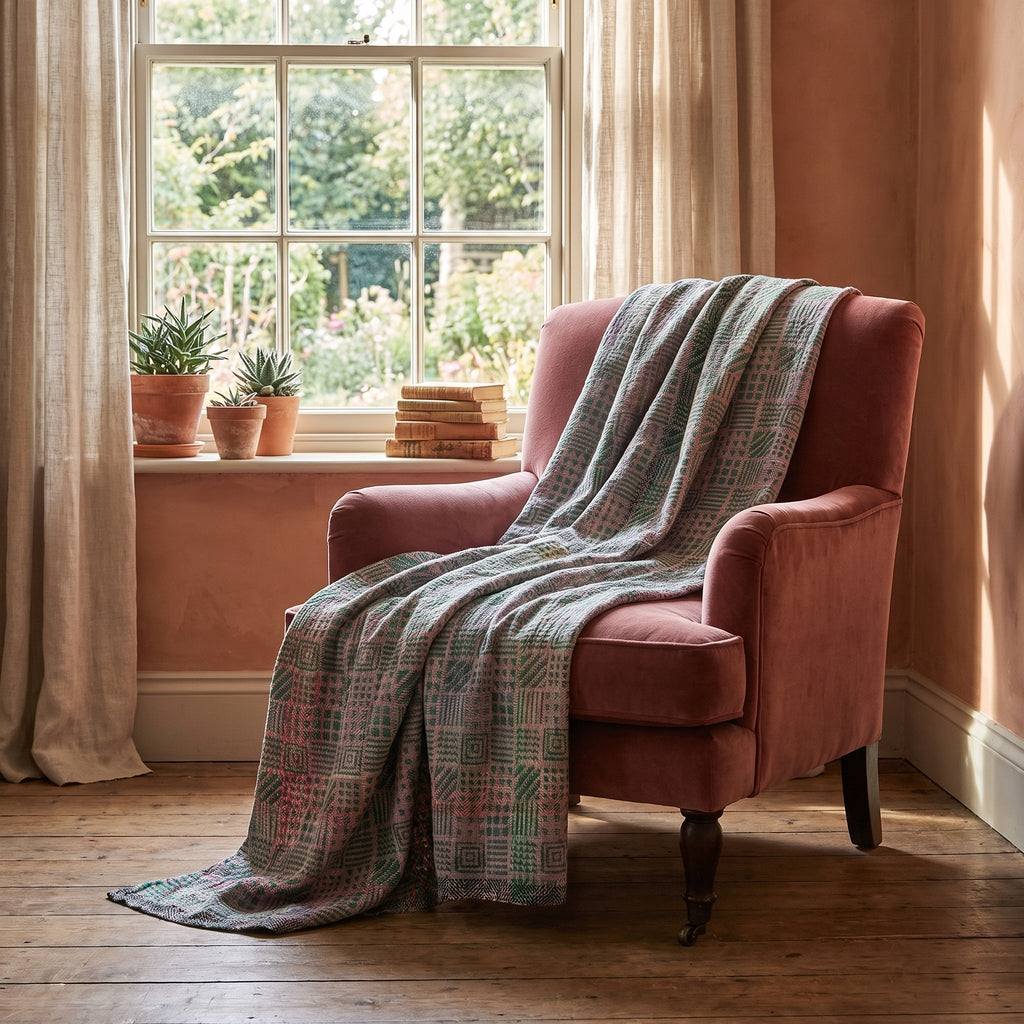 Hawthorn Bagru Kantha Throw — reverse side draped over a chair in a reading nook