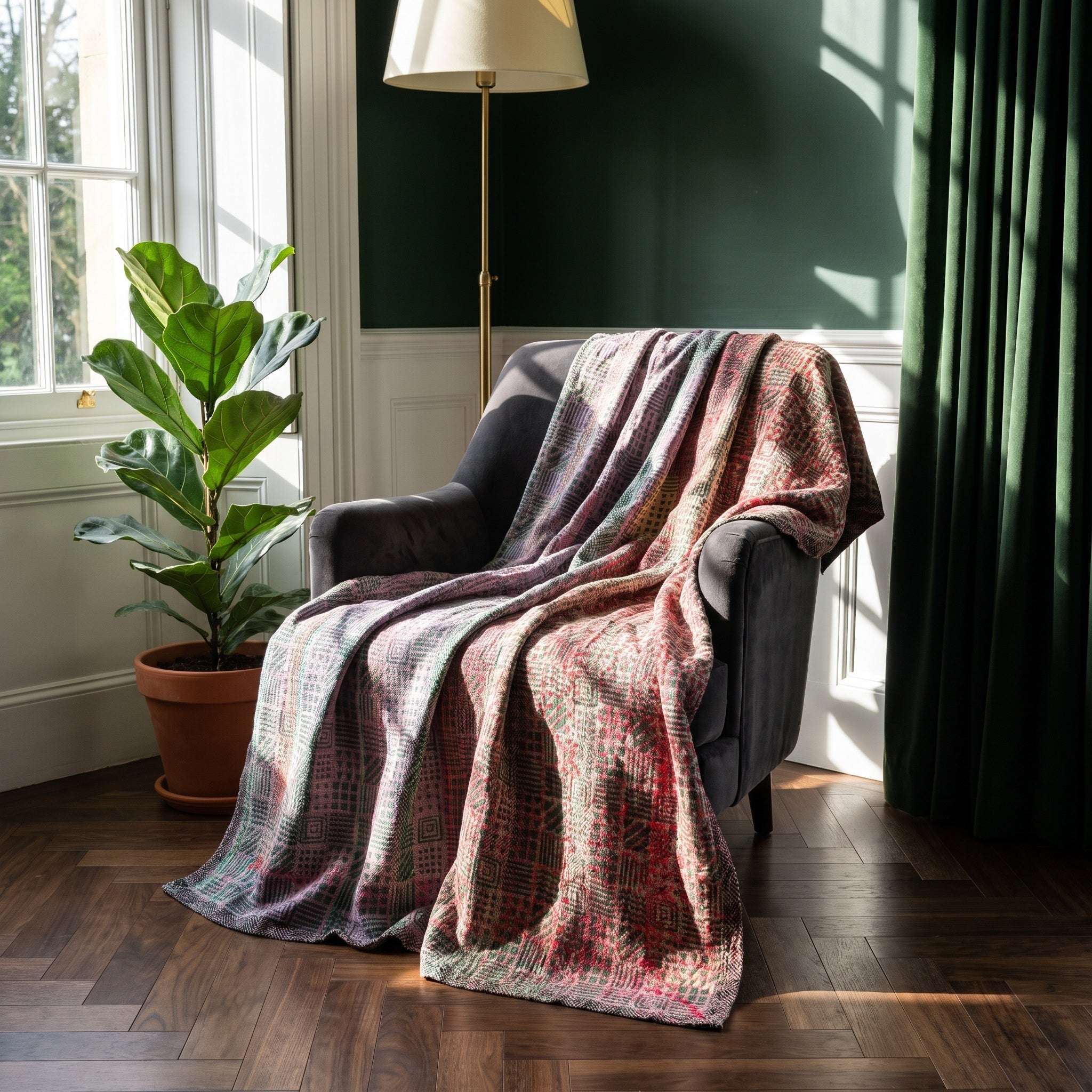Hawthorn Vintage Bagru Kantha Throw — reverse side, Victorian heritage interior styling