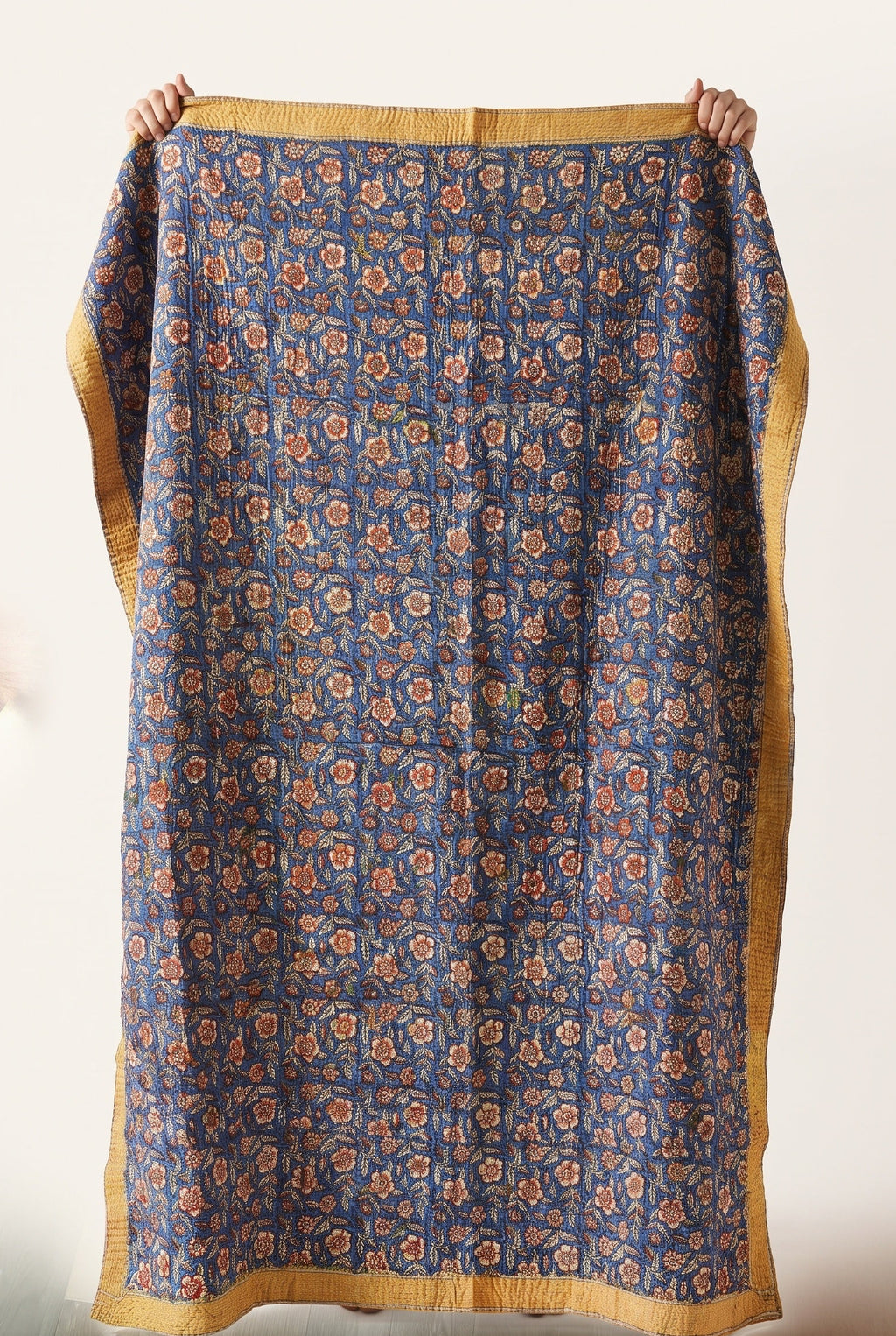 Prairie Crocus Vintage Bagru Block Print Kantha Throw — front side catalog flat lay