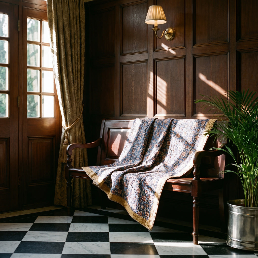 Prairie Crocus Bagru Block Print Kantha Throw — front side styled in a home entryway