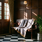 Prairie Crocus Bagru Block Print Kantha Throw — front side styled in a home entryway