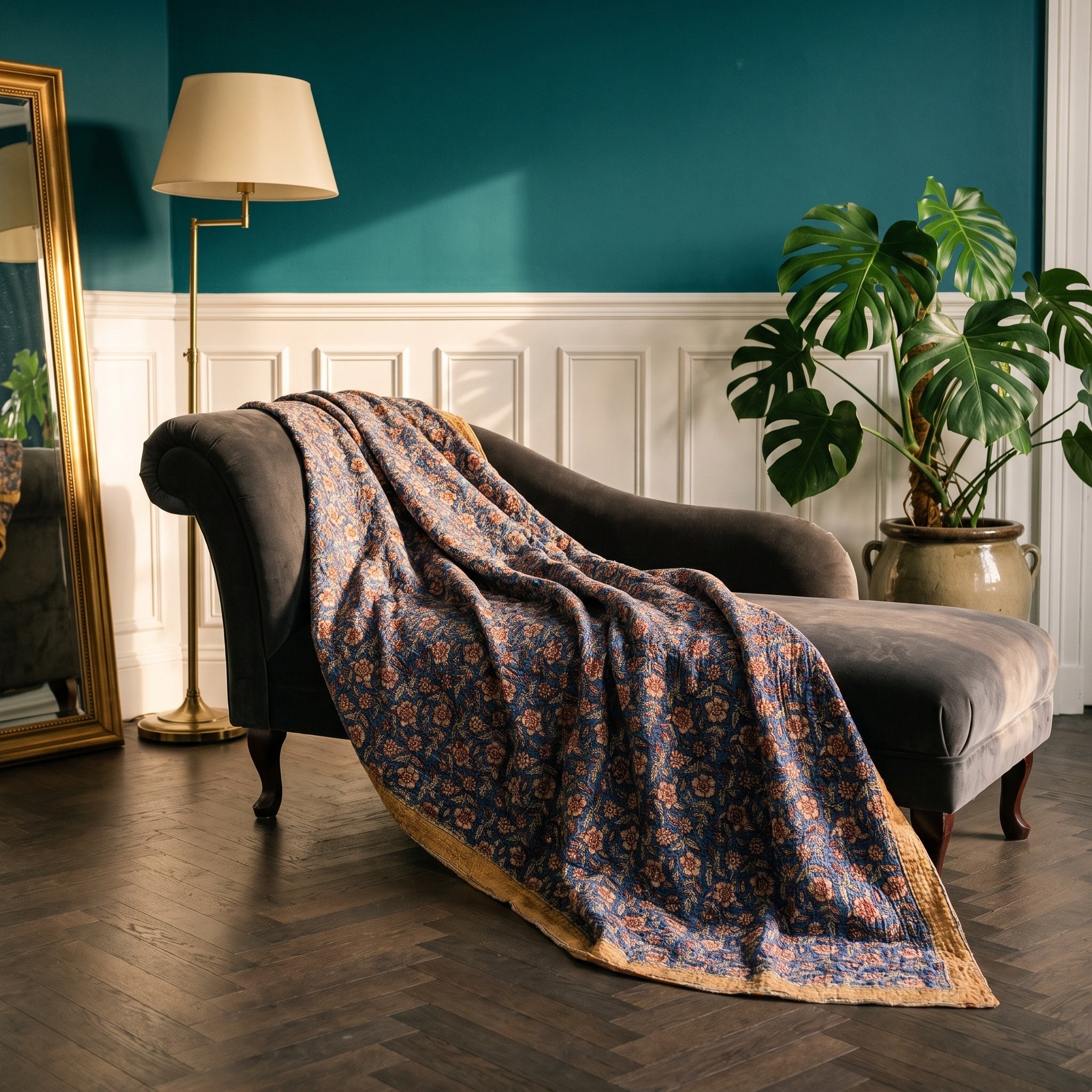 Prairie Crocus Vintage Bagru Block Print Kantha Throw — front side styled in a jewel-toned living room