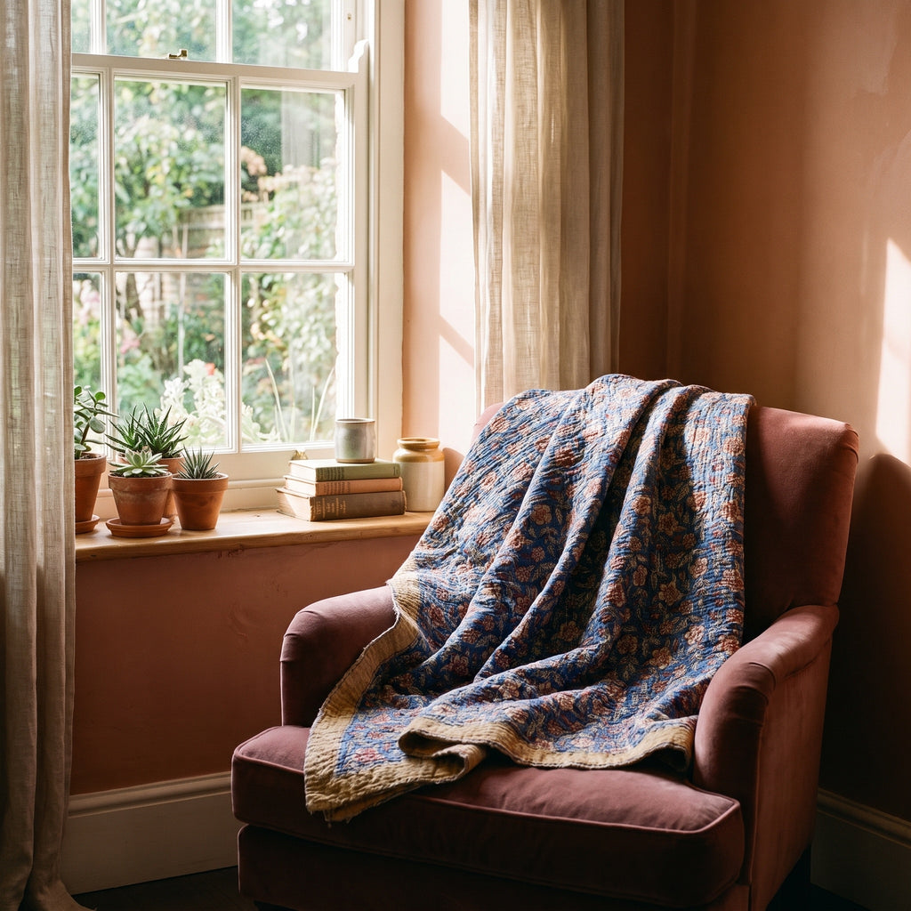 Prairie Crocus Bagru Kantha Throw — front draped over a chair in a cosy reading nook