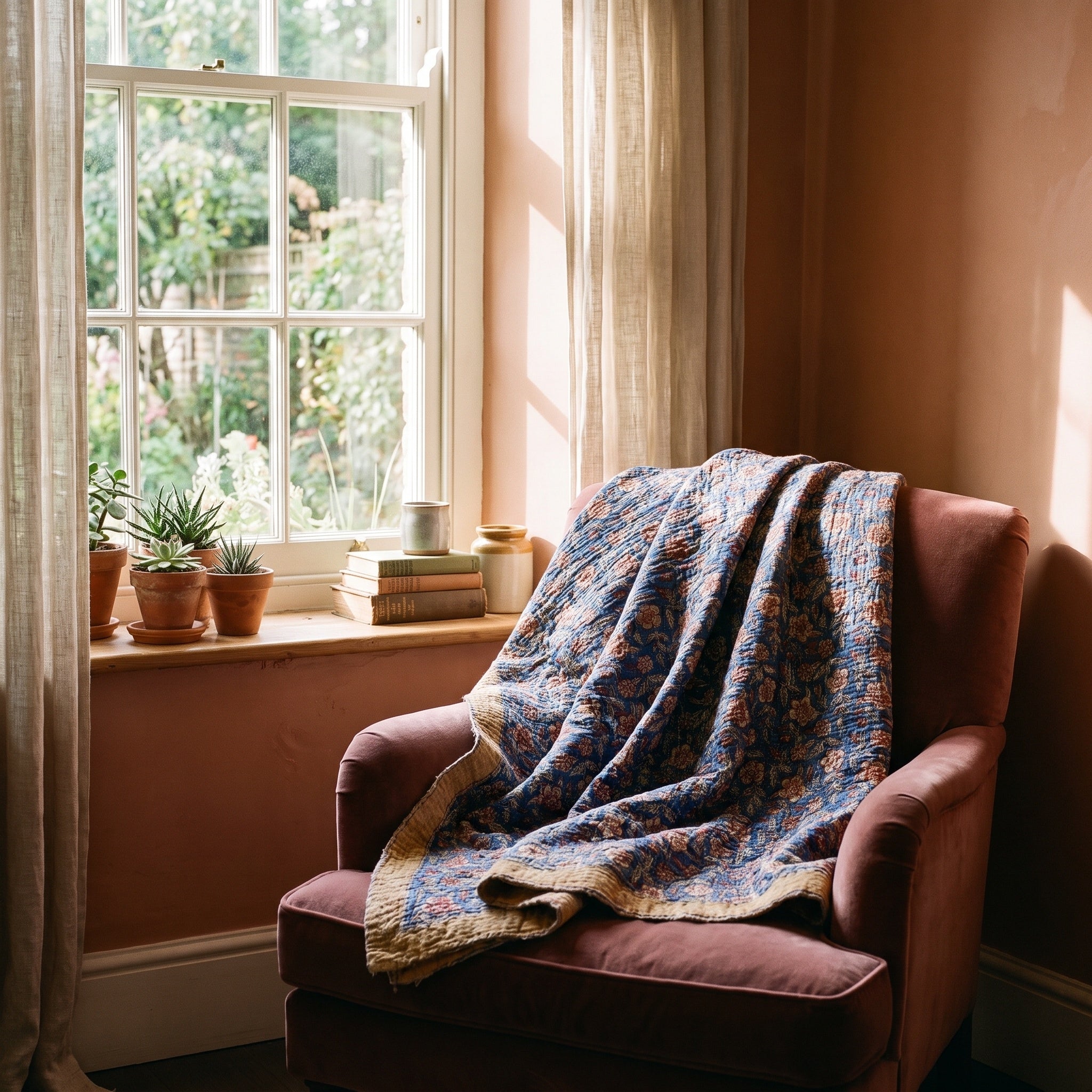 Prairie Crocus Bagru Kantha Throw — front draped over a chair in a cosy reading nook
