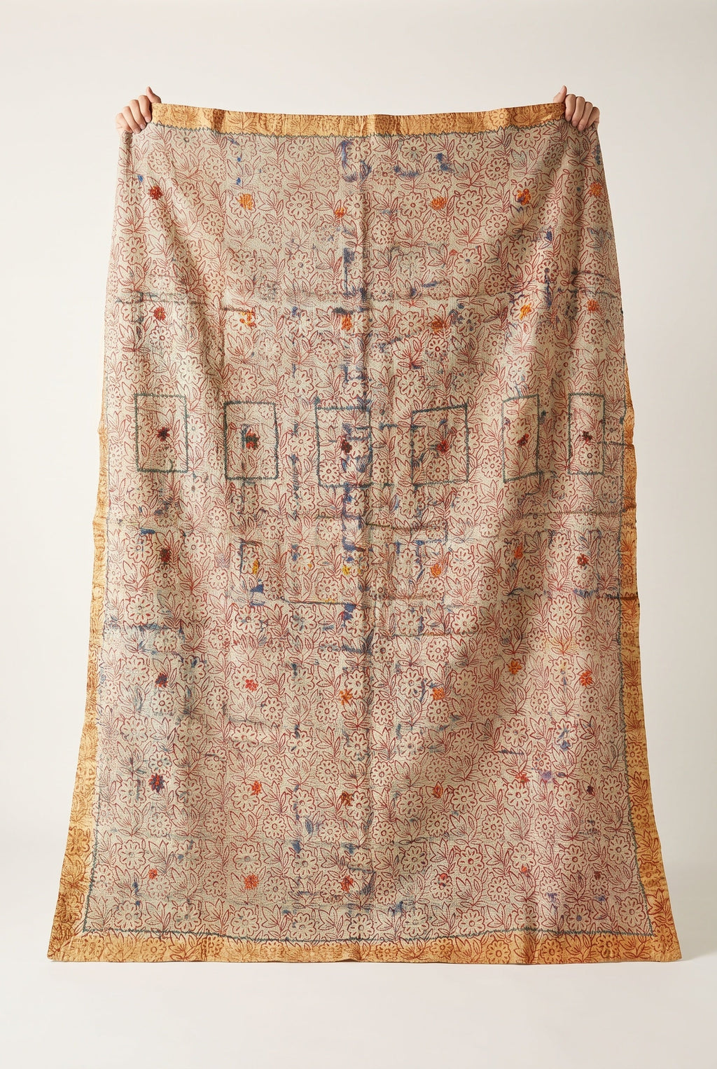 Prairie Crocus Vintage Bagru Block Print Kantha Throw — reverse side catalog flat lay