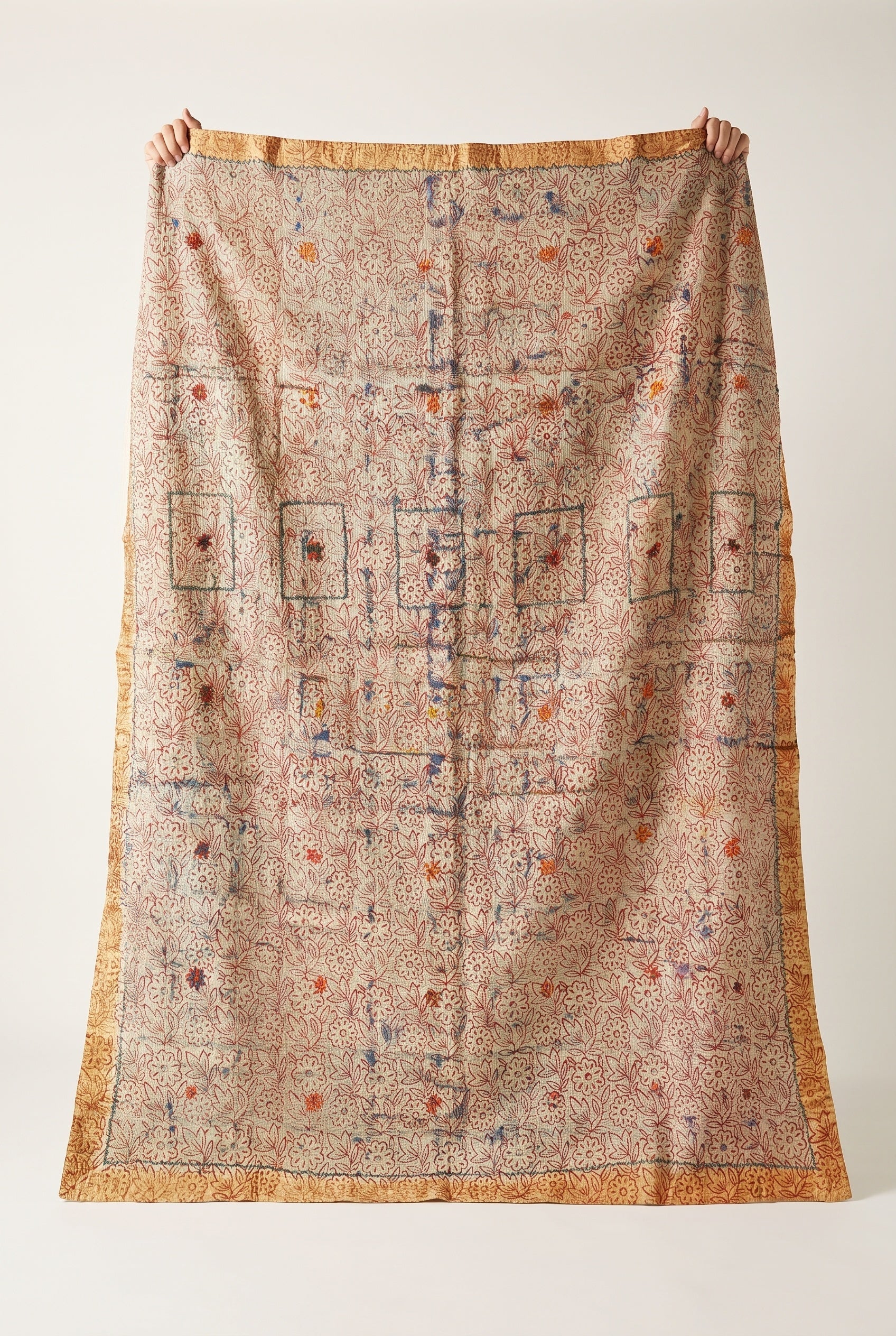 Prairie Crocus Vintage Bagru Block Print Kantha Throw — reverse side catalog flat lay