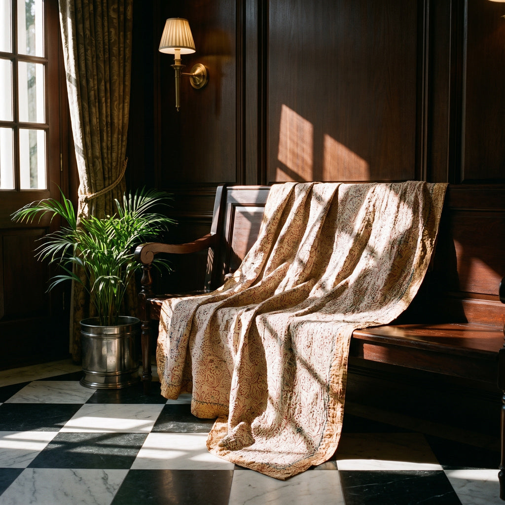 Prairie Crocus Bagru Block Print Kantha Throw — reverse side styled in a home entryway