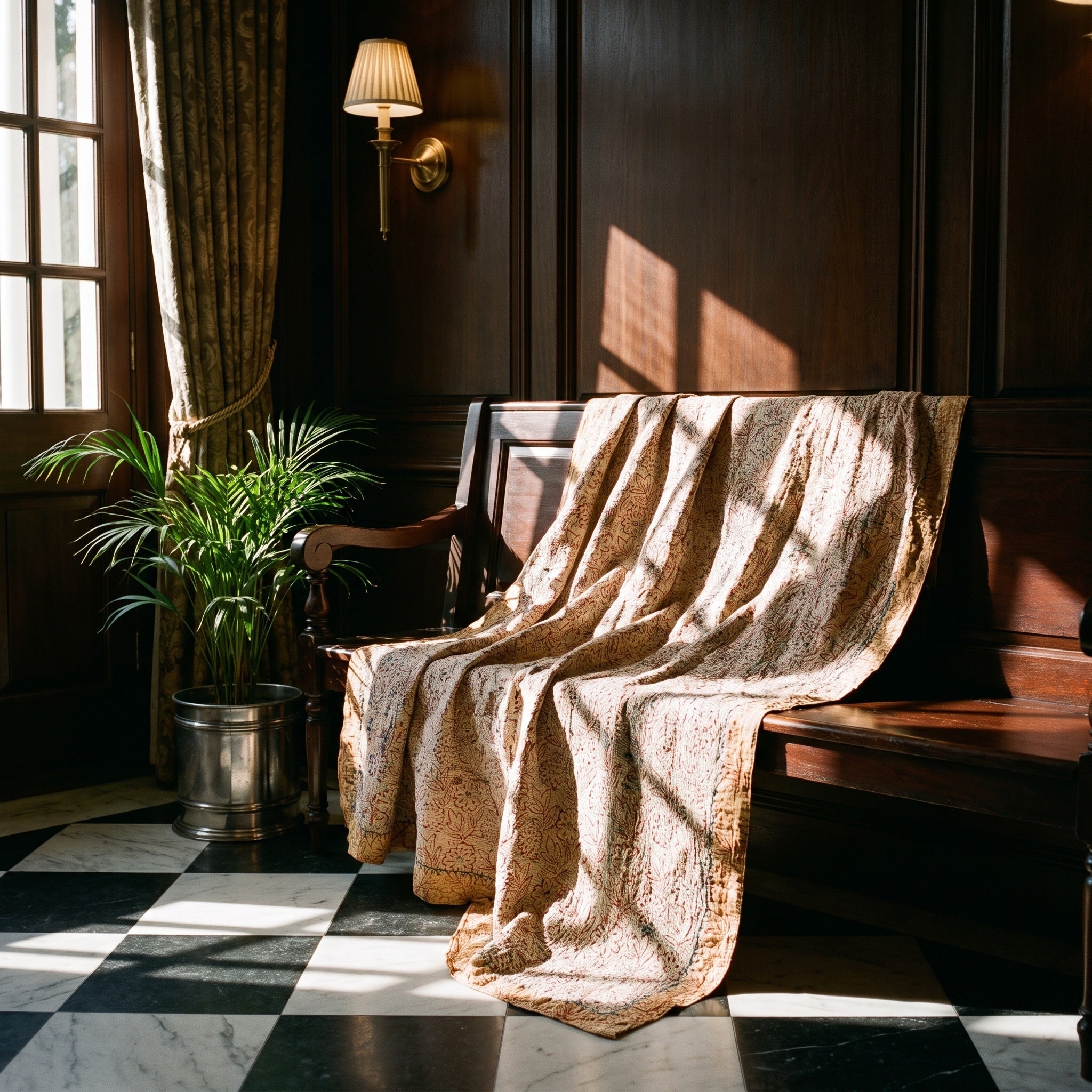Prairie Crocus Bagru Block Print Kantha Throw — reverse side styled in a home entryway
