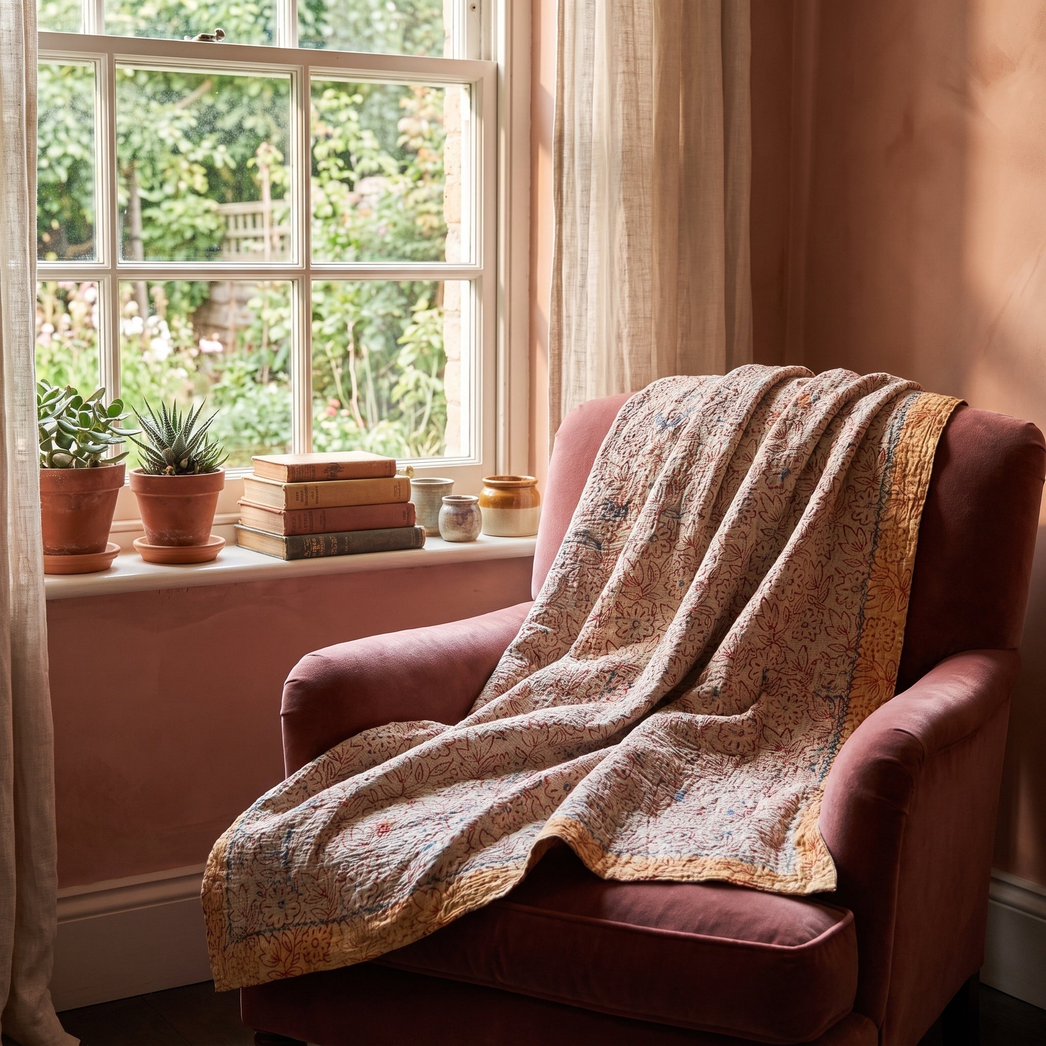 Prairie Crocus Bagru Kantha Throw — reverse side draped over a chair in a reading nook
