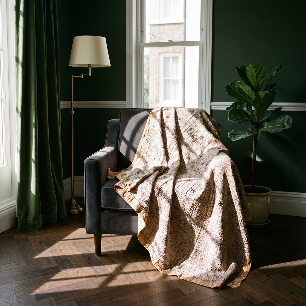 Prairie Crocus Vintage Bagru Kantha Throw — reverse side, Victorian heritage interior styling