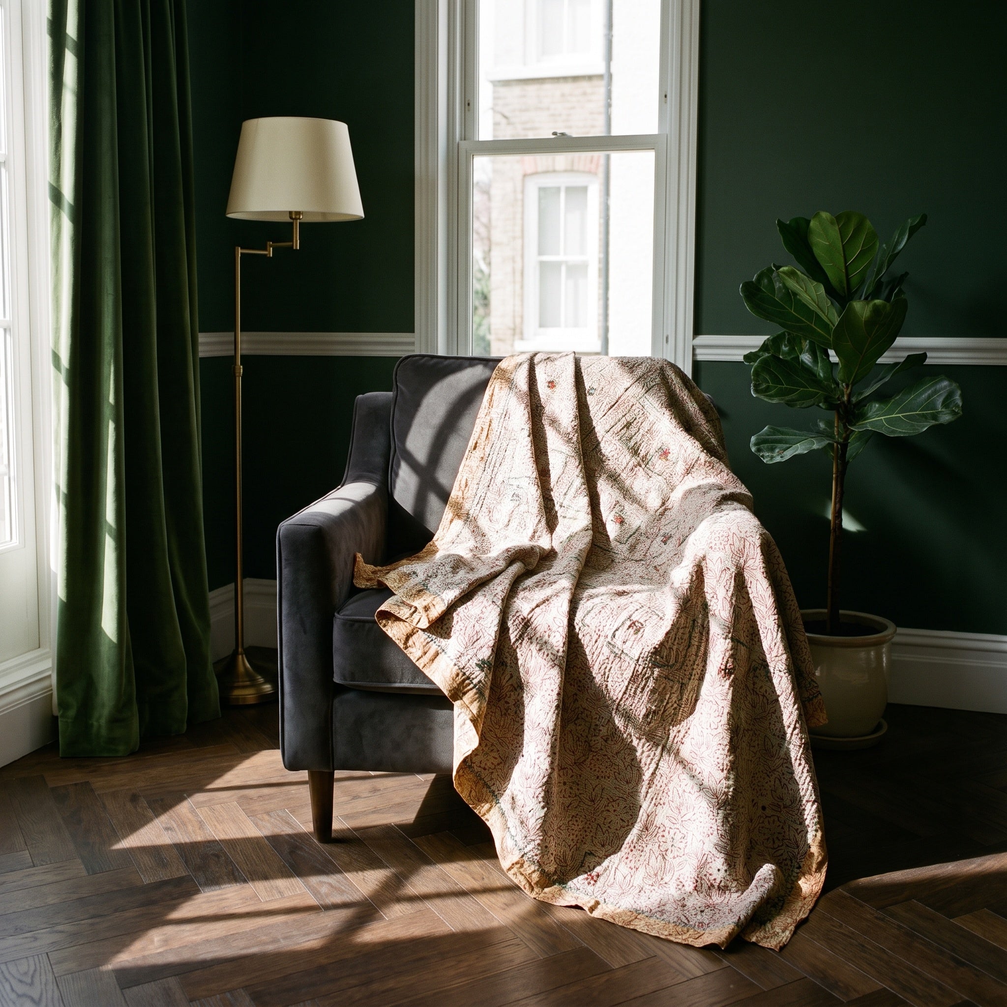 Prairie Crocus Vintage Bagru Kantha Throw — reverse side, Victorian heritage interior styling