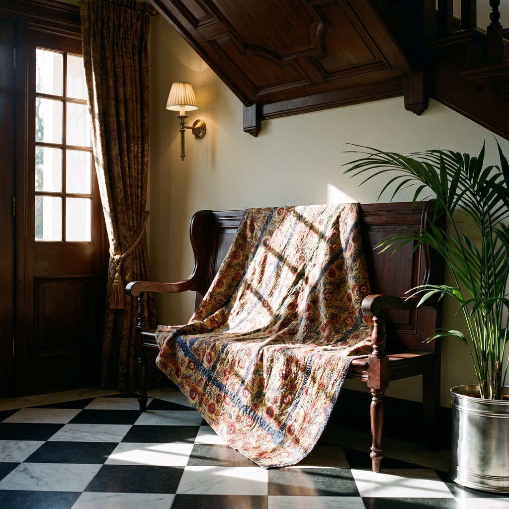 Bearberry Bagru Block Print Kantha Throw — front side styled in a home entryway