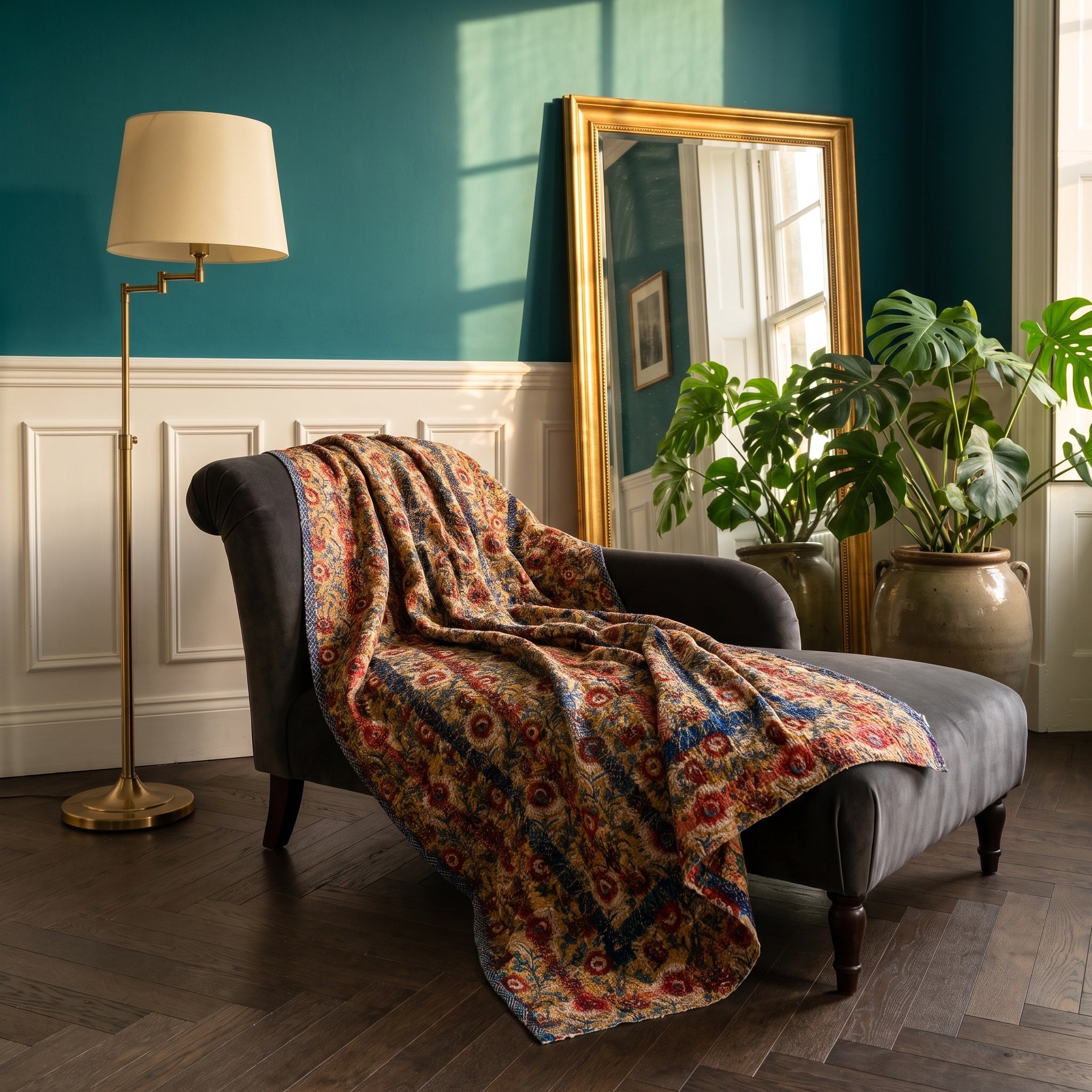 Bearberry Vintage Bagru Block Print Kantha Throw — front side styled in a jewel-toned living room