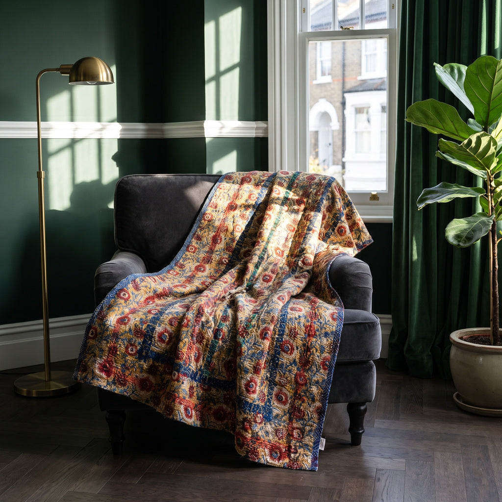 Bearberry Vintage Bagru Kantha Throw — front side, Victorian heritage interior styling
