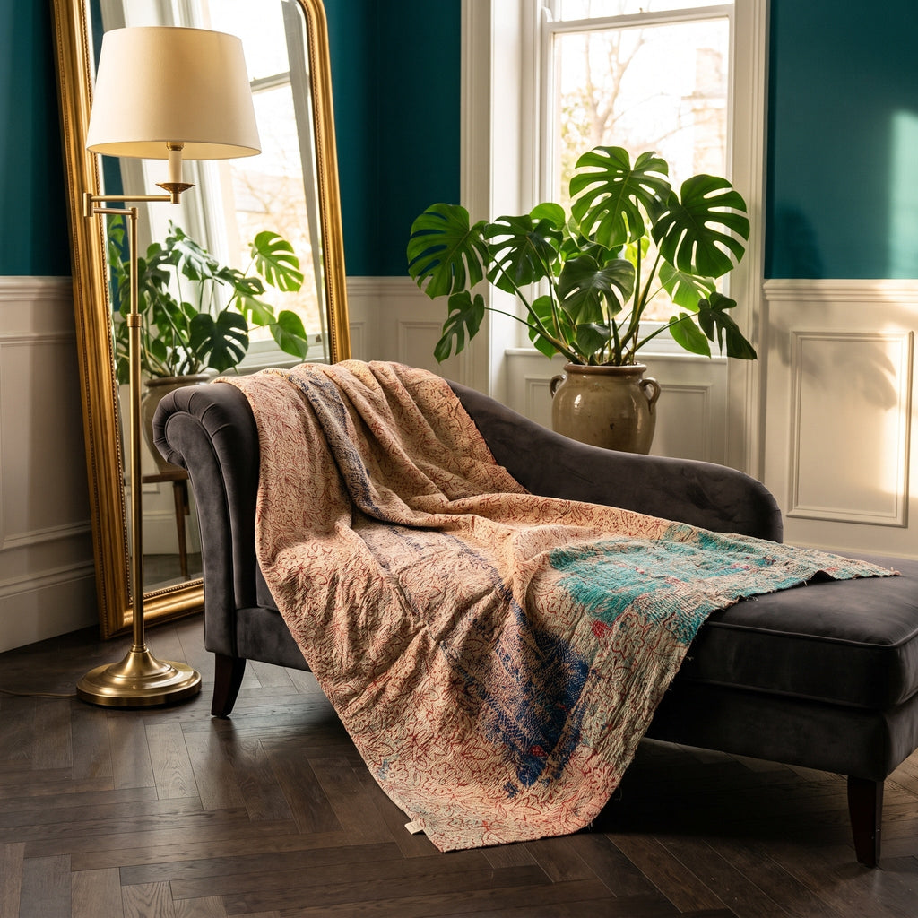 Bearberry Vintage Bagru Kantha Throw — reverse side styled in a jewel-toned living room