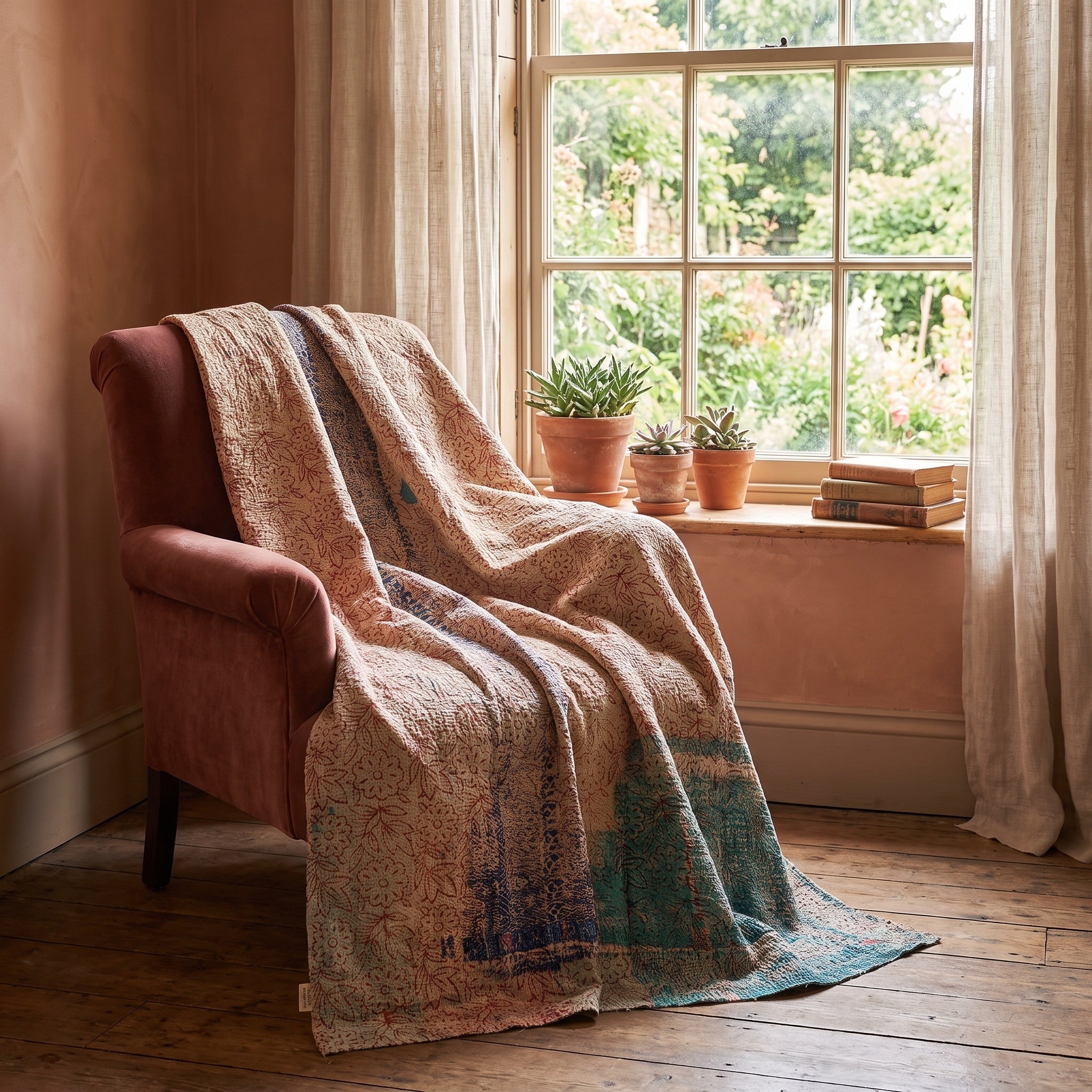 Bearberry Bagru Kantha Throw — reverse side draped over a chair in a reading nook