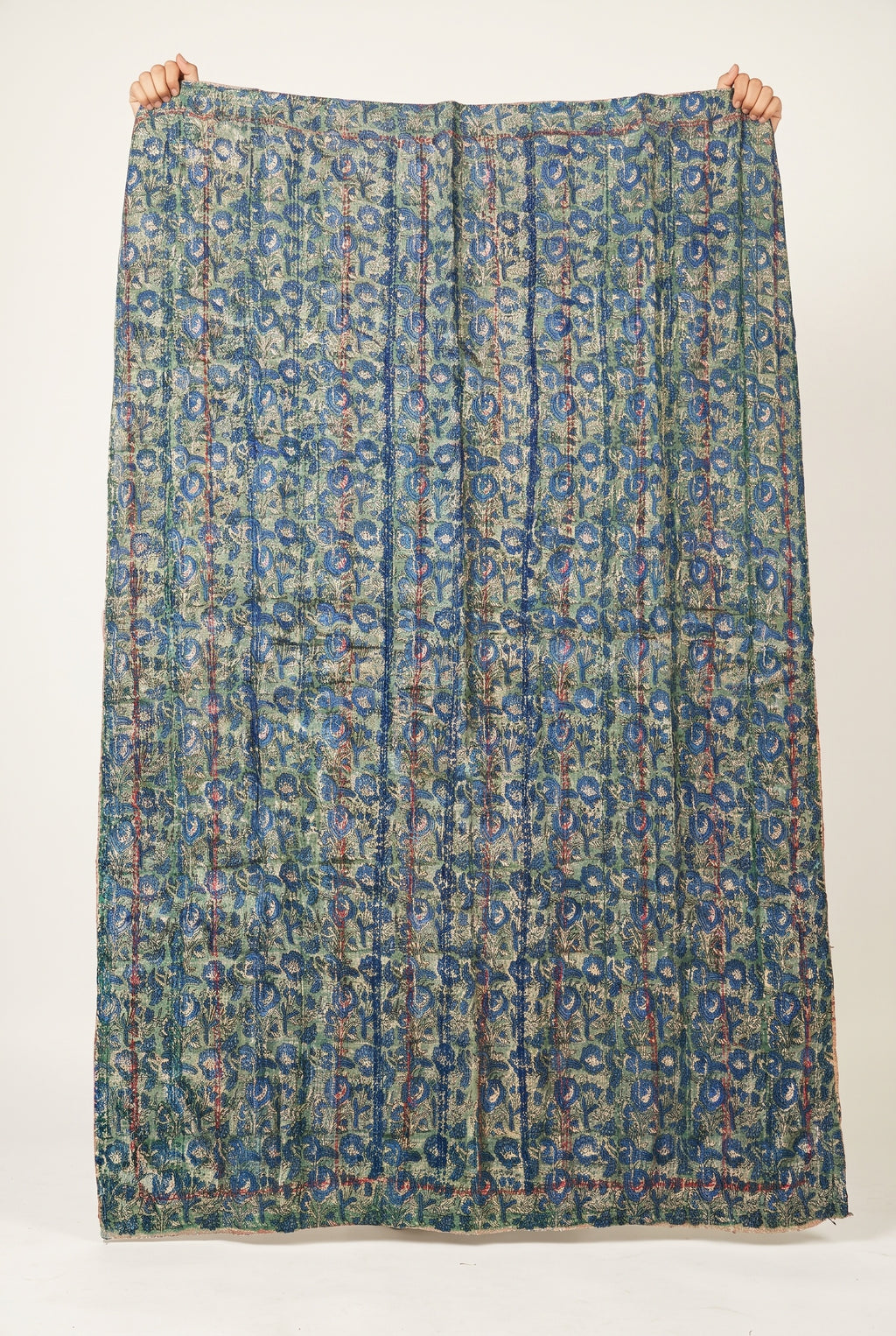 Cattail Vintage Bagru Block Print Kantha Throw — front side catalog flat lay