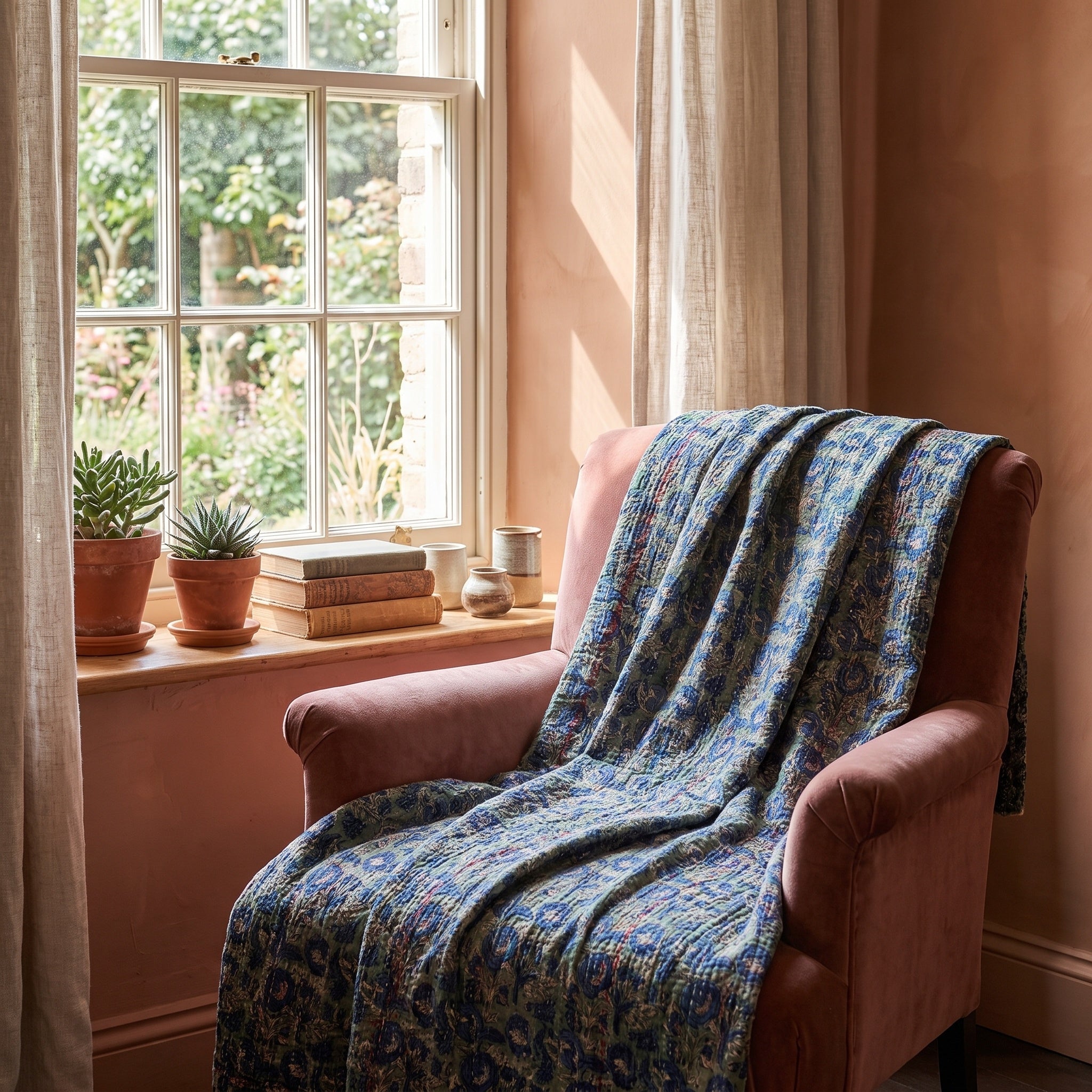 Cattail Bagru Kantha Throw — front draped over a chair in a cosy reading nook