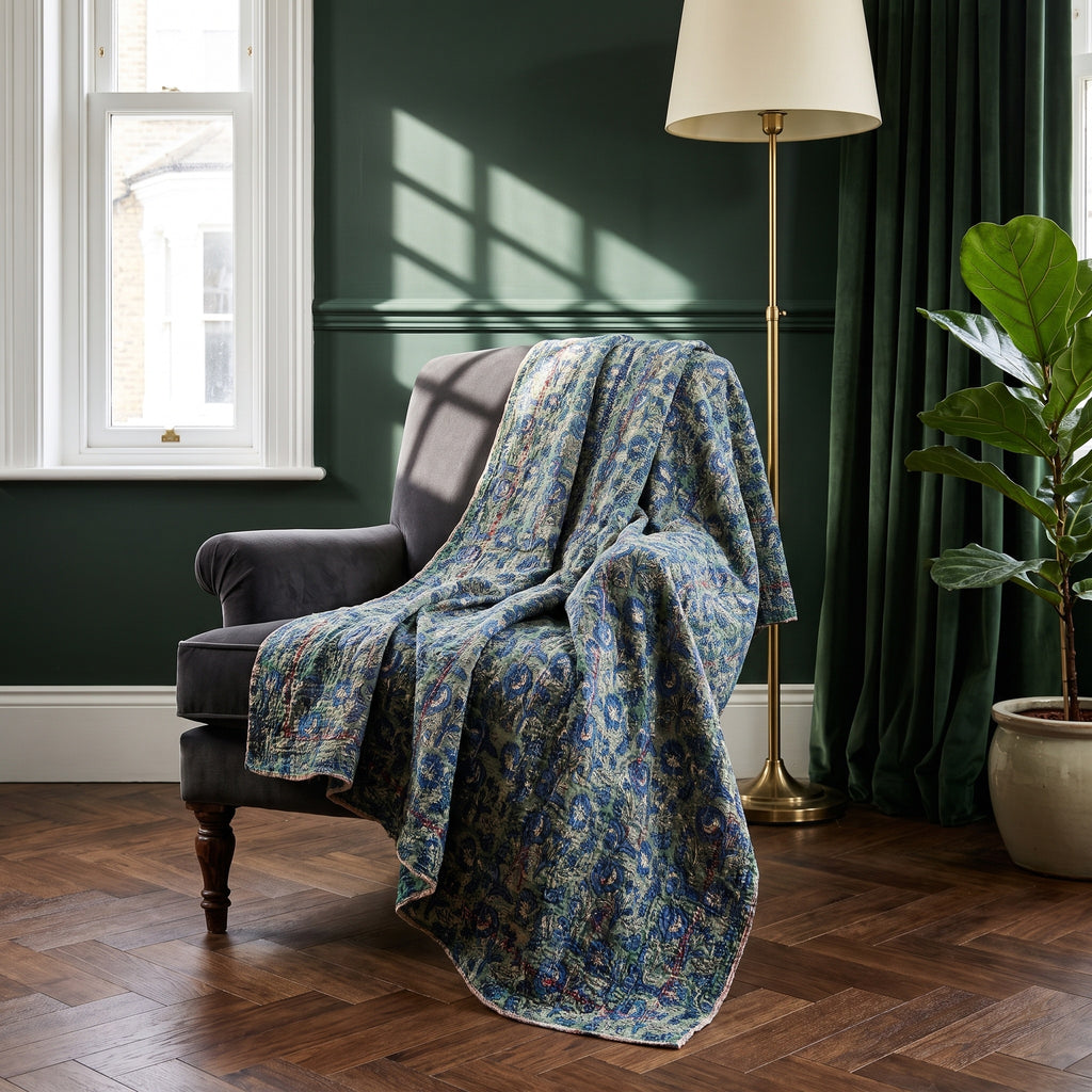 Cattail Vintage Bagru Kantha Throw — front side, Victorian heritage interior styling