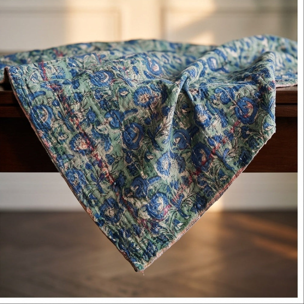Cattail Vintage Handmade Bagru Block Print Kantha Throw — flat lay showing front and back
