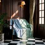 Cattail Bagru Block Print Kantha Throw — reverse side styled in a home entryway
