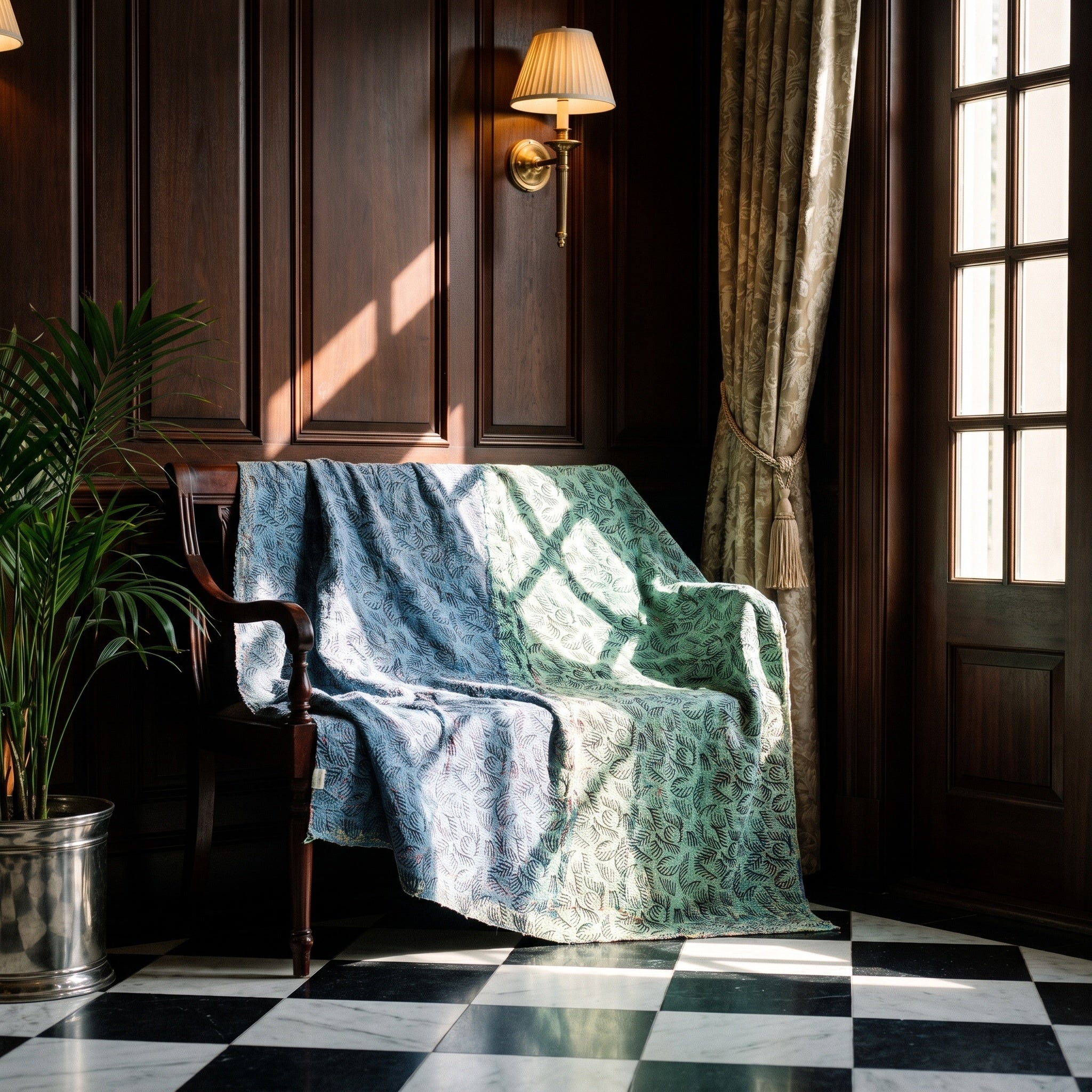 Cattail Bagru Block Print Kantha Throw — reverse side styled in a home entryway