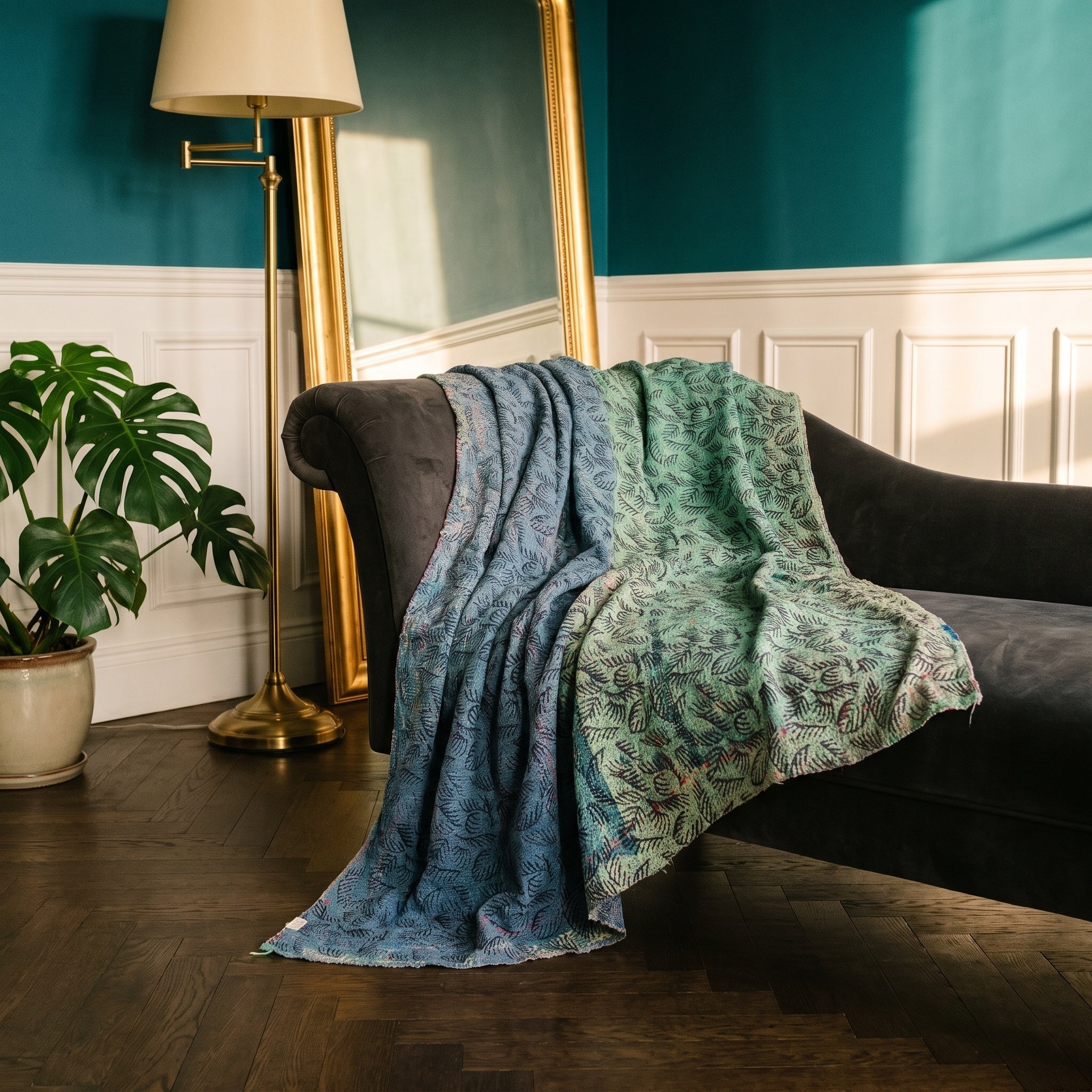 Cattail Vintage Bagru Kantha Throw — reverse side styled in a jewel-toned living room