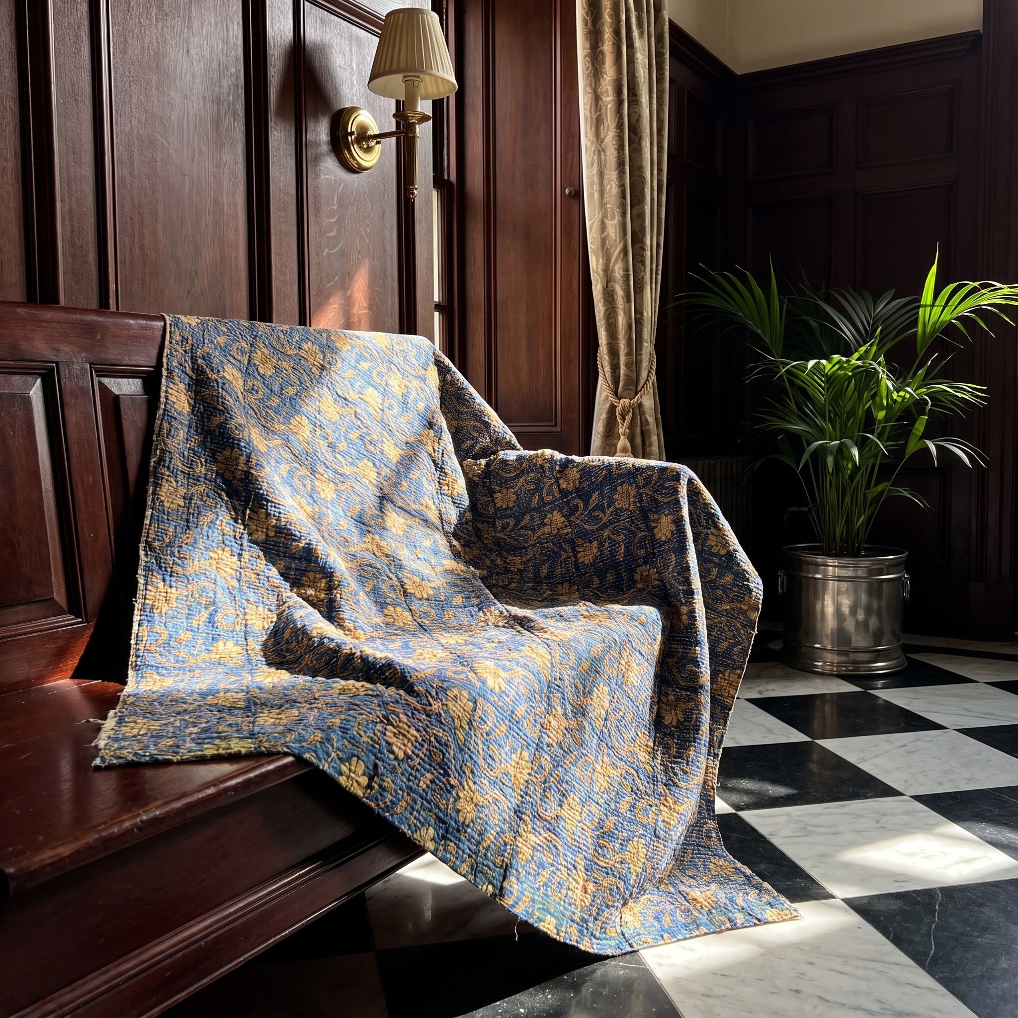 Saskatoon Bagru Block Print Kantha Throw — front side styled in a home entryway